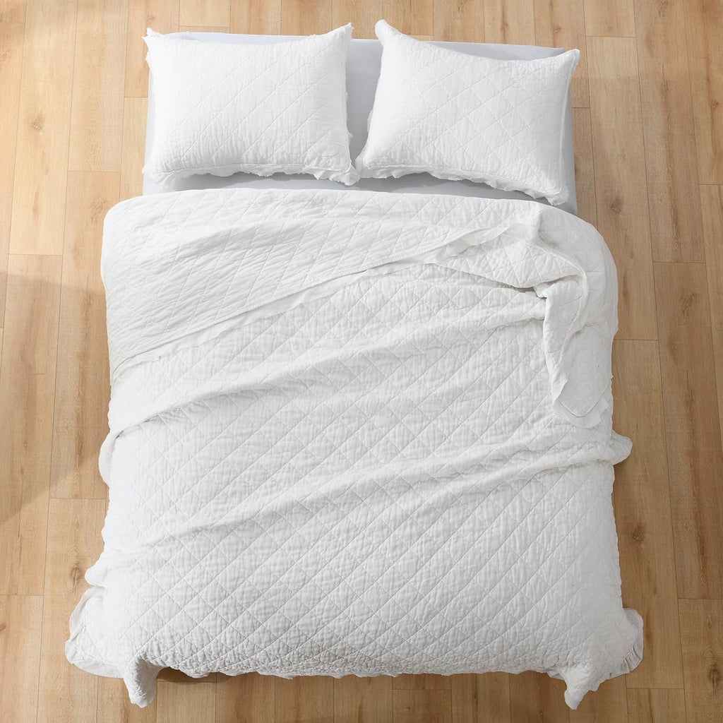 HORIMOTE HOME 100% Linen Front/100% Cotton Back Quilt Set Queen Size, White Pre-Washed European Flax Linen Quilt, Diamond Stitch Bedspread Coverlet Bedding Set 3-Piece for All Seasons