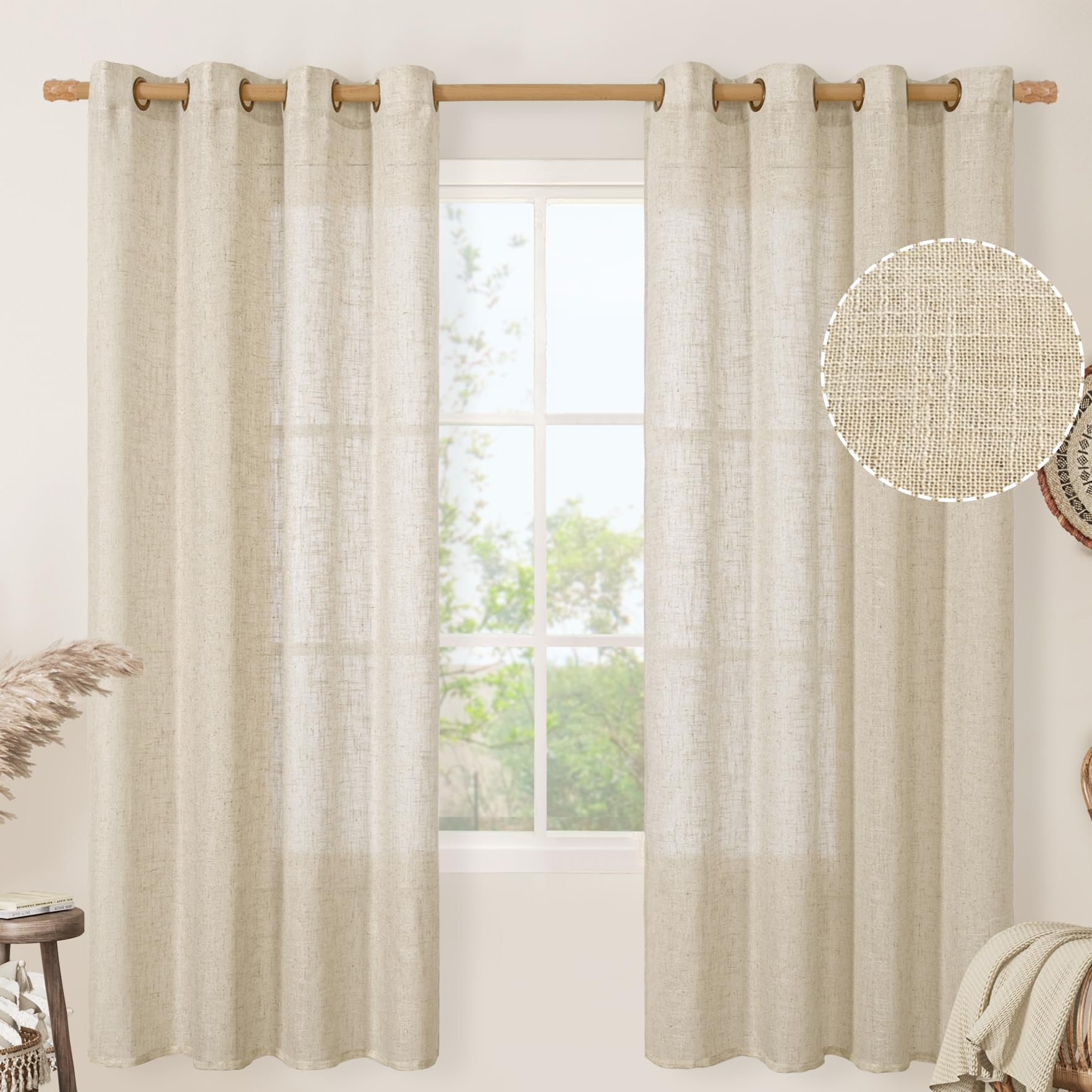LAMIT Natural Ivory Linen Semi Sheer Curtains 84 inch Length, Cream Light Filtering Soft Thick Neutral Living Room Drapes with Bronze Grommet for Bedroom/Farmhouse, 2 Panels, 52 x 84 Inch