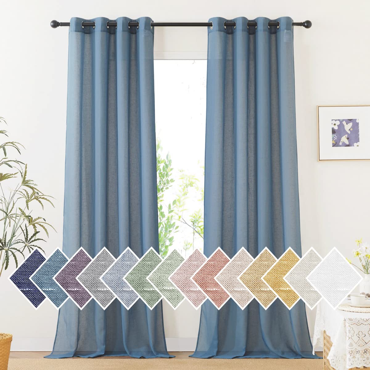 NICETOWN Semi Sheer Linen Curtains for Bedroom 84 inches Long, Grommet Privacy Vertical Farmhouse Window with Light Filtering for Living Room, Natural, W52 x L84, 2 Pieces