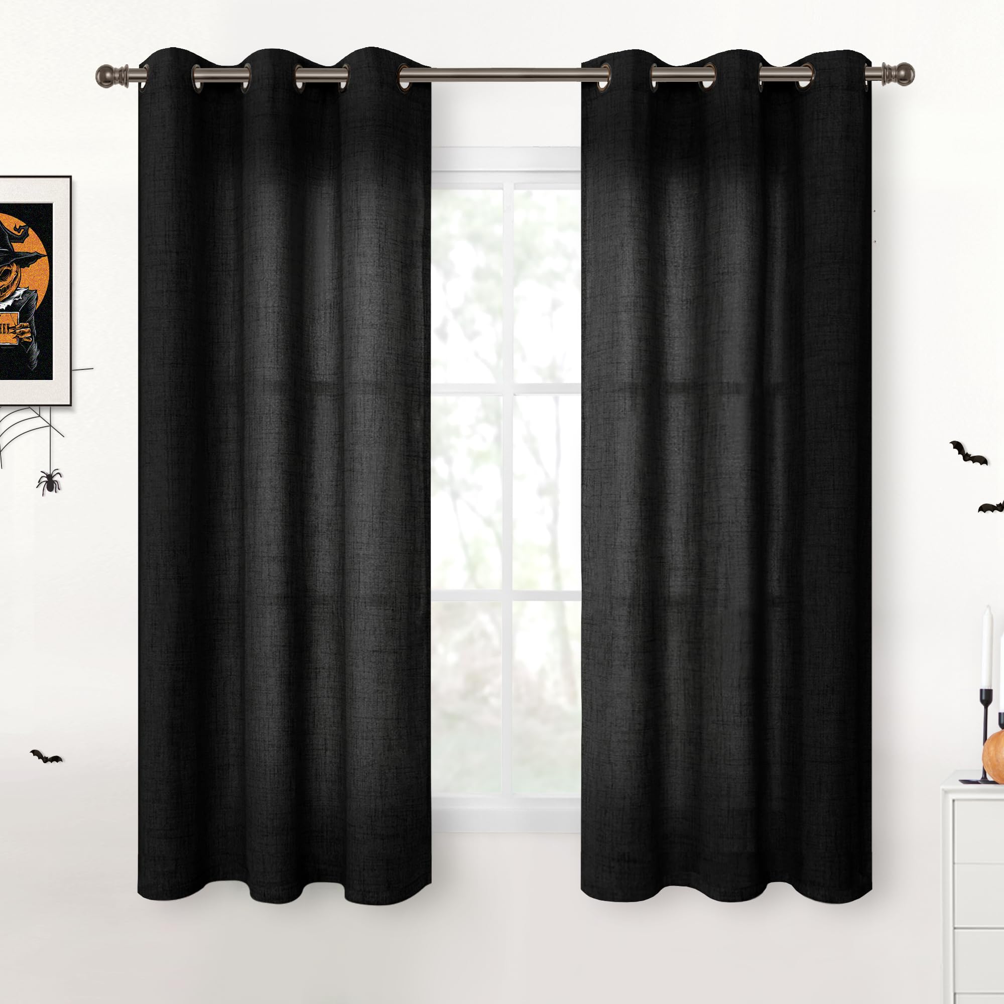 YoungsTex Linen Semi Sheer Curtains 63 Inch Length 2 Panels for Living Room - Light Filtering Drapes with Bronze Grommet Beige Window Treatments for Country Office Bedroom, 52 X 63 Inch