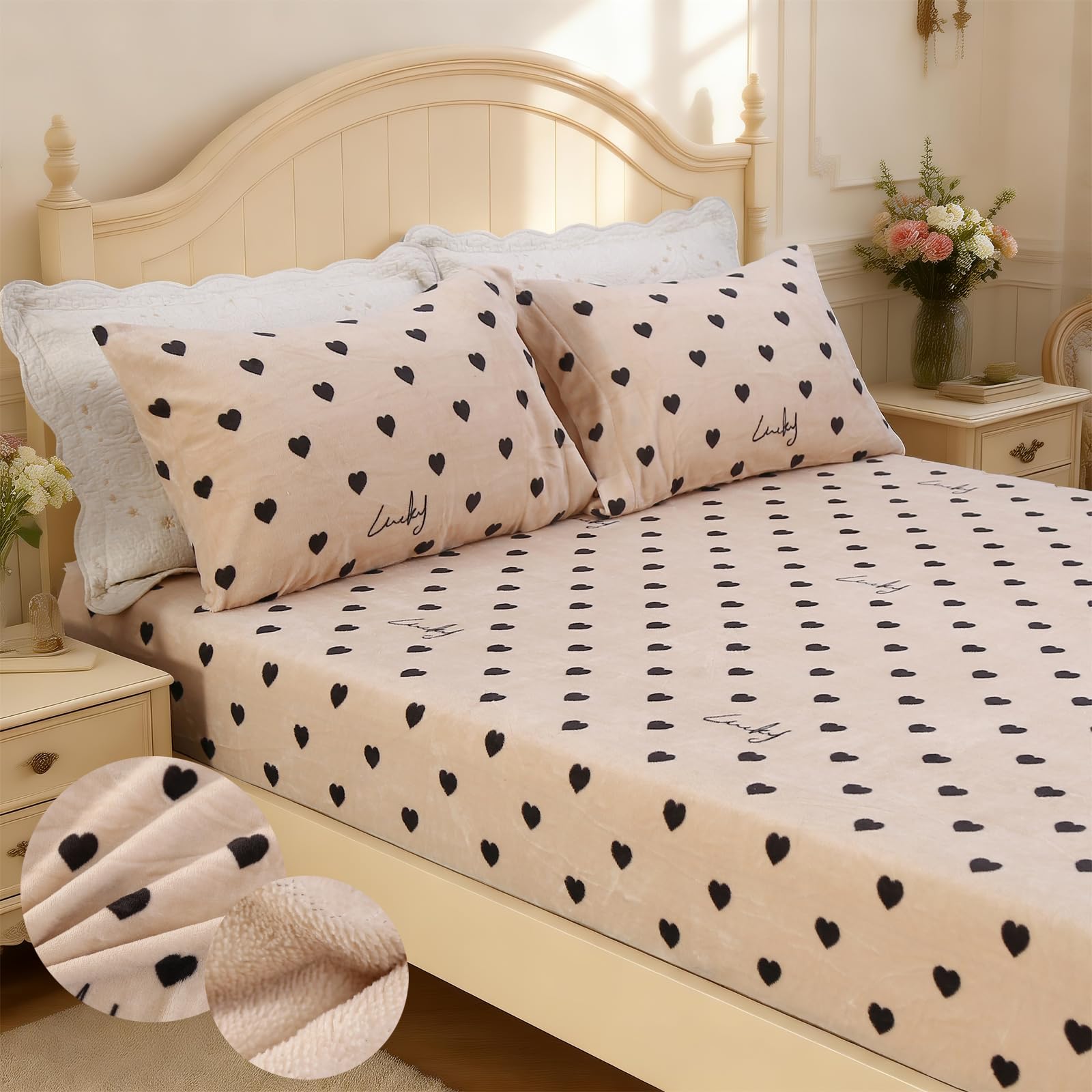 MAG 3Pcs Fleece Fitted Sheet Full Size with Brown Floral Pattern, Super Cute Fluffy Warm Flower Print Decor Bottom Sheets for Women Girls,included1*Fitted Sheet and 2*Pillowcases.