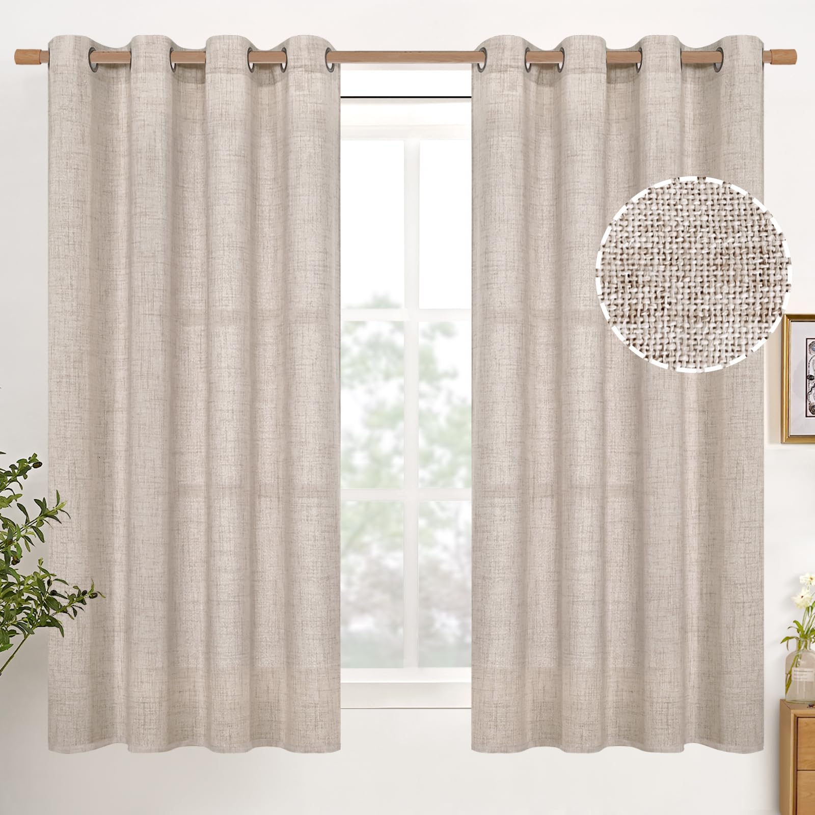 YoungsTex Linen Semi Sheer Curtains 63 Inch Length 2 Panels for Living Room - Light Filtering Drapes with Bronze Grommet Beige Window Treatments for Country Office Bedroom, 52 X 63 Inch