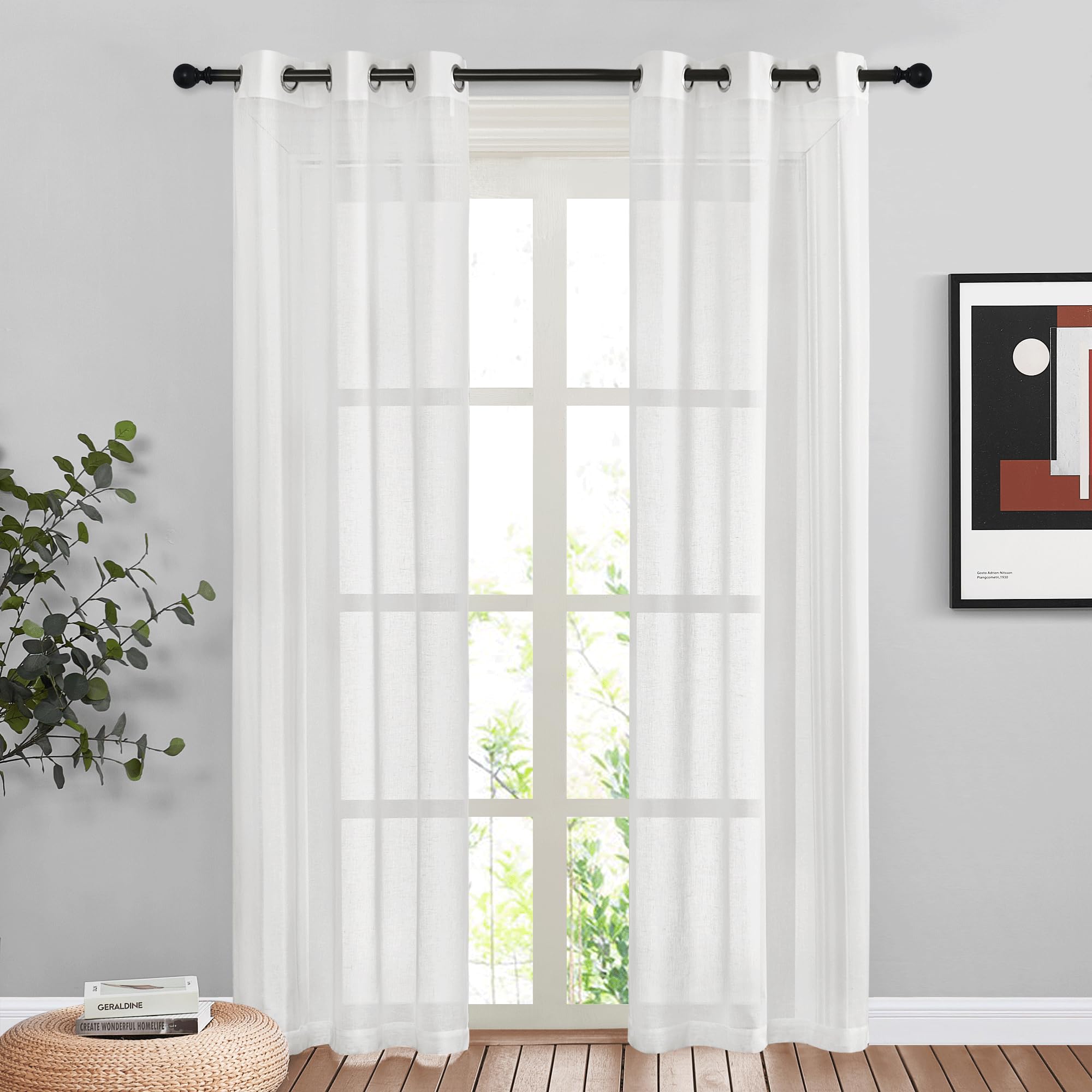 NICETOWN Semi Sheer Linen Curtains for Bedroom 84 inches Long, Grommet Privacy Vertical Farmhouse Window with Light Filtering for Living Room, Natural, W52 x L84, 2 Pieces