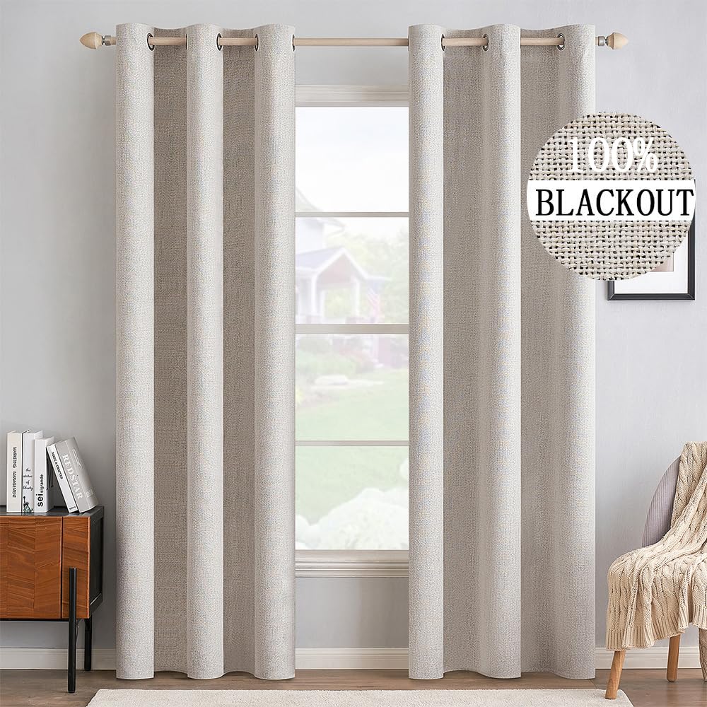 MIULEE 100% Blackout Linen Textured Curtains for Bedroom Solid Thermal Insulated Cream Grommet Room Darkening Curtains & Drapes Luxury Decor for Living Room Nursery 52 x 84 Inch (2 Panels)
