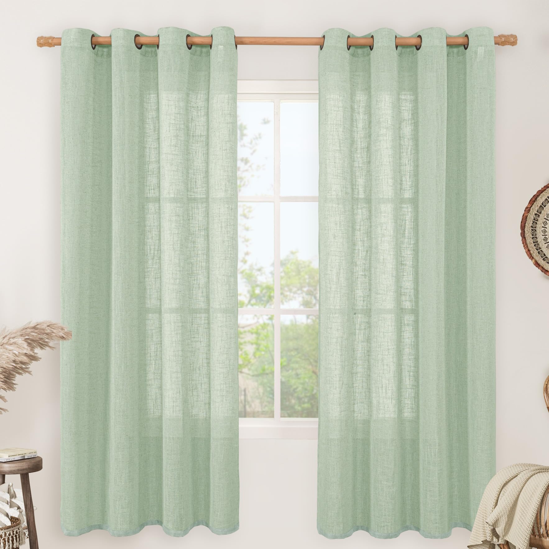 LAMIT Natural Ivory Linen Semi Sheer Curtains 84 inch Length, Cream Light Filtering Soft Thick Neutral Living Room Drapes with Bronze Grommet for Bedroom/Farmhouse, 2 Panels, 52 x 84 Inch