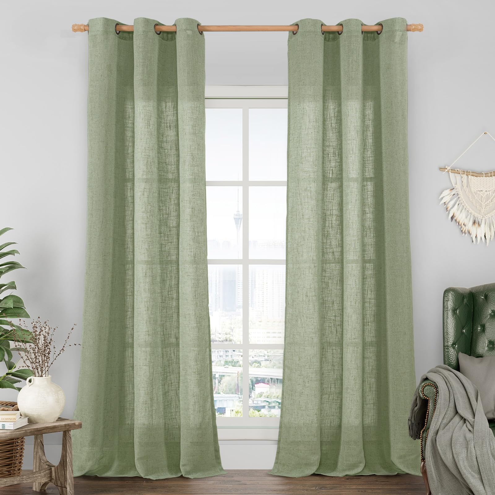 LAMIT Natural Ivory Linen Semi Sheer Curtains 84 inch Length, Cream Light Filtering Soft Thick Neutral Living Room Drapes with Bronze Grommet for Bedroom/Farmhouse, 2 Panels, 52 x 84 Inch