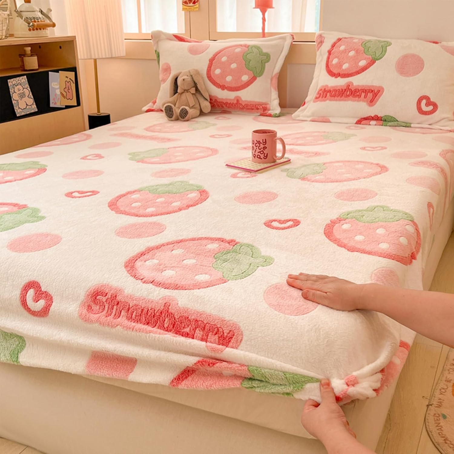 MorroMorn Fleece Fitted Sheet Full Only, Super Soft Plush Bottom Sheet with 20" Deep Pocket, Pink Kawaii Cute for Girls Kids Teen Fall Winter Spring, No Pillowcases (Rainbow Love, Full Size)