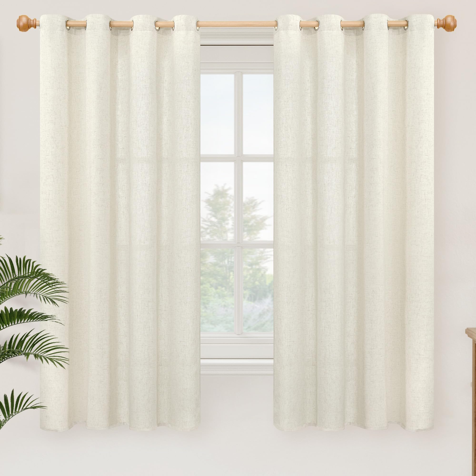 YoungsTex Linen Semi Sheer Curtains 63 Inch Length 2 Panels for Living Room - Light Filtering Drapes with Bronze Grommet Beige Window Treatments for Country Office Bedroom, 52 X 63 Inch
