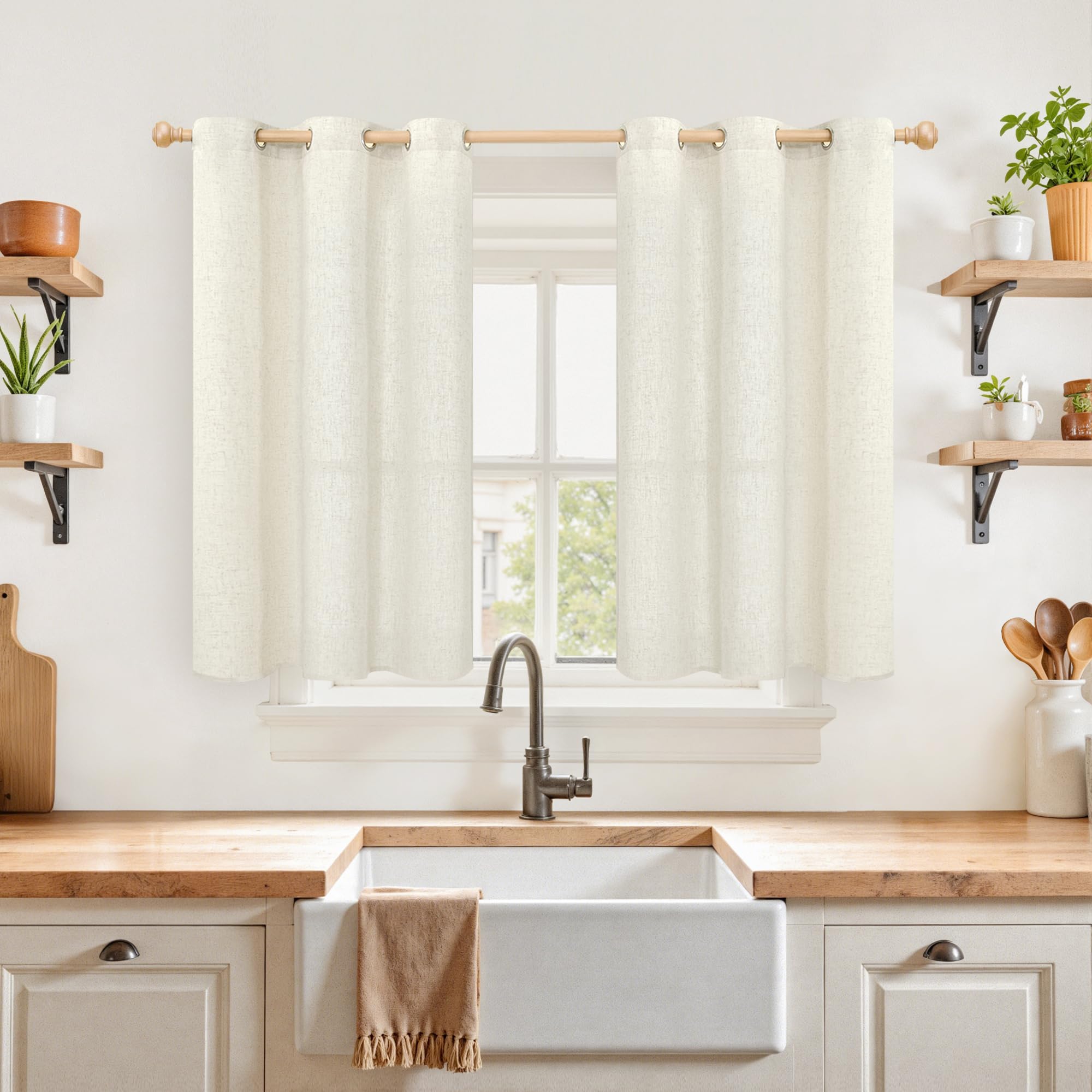 YoungsTex Linen Semi Sheer Curtains 63 Inch Length 2 Panels for Living Room - Light Filtering Drapes with Bronze Grommet Beige Window Treatments for Country Office Bedroom, 52 X 63 Inch