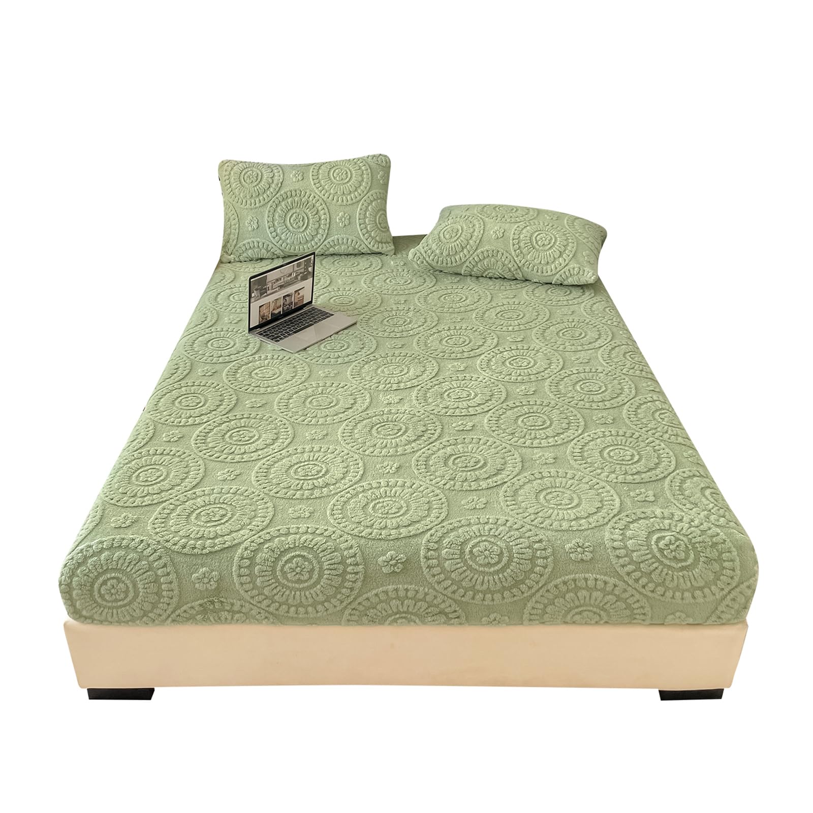 LweiPsqLin Fluffy Velvet Fitted Sheet Full Size - Micro Fleece Bed Sheet with 15" Deep Pockets, Bohemian Floral Jacquard Mattress Cover, Shrink & Fade Resistant, Khaki