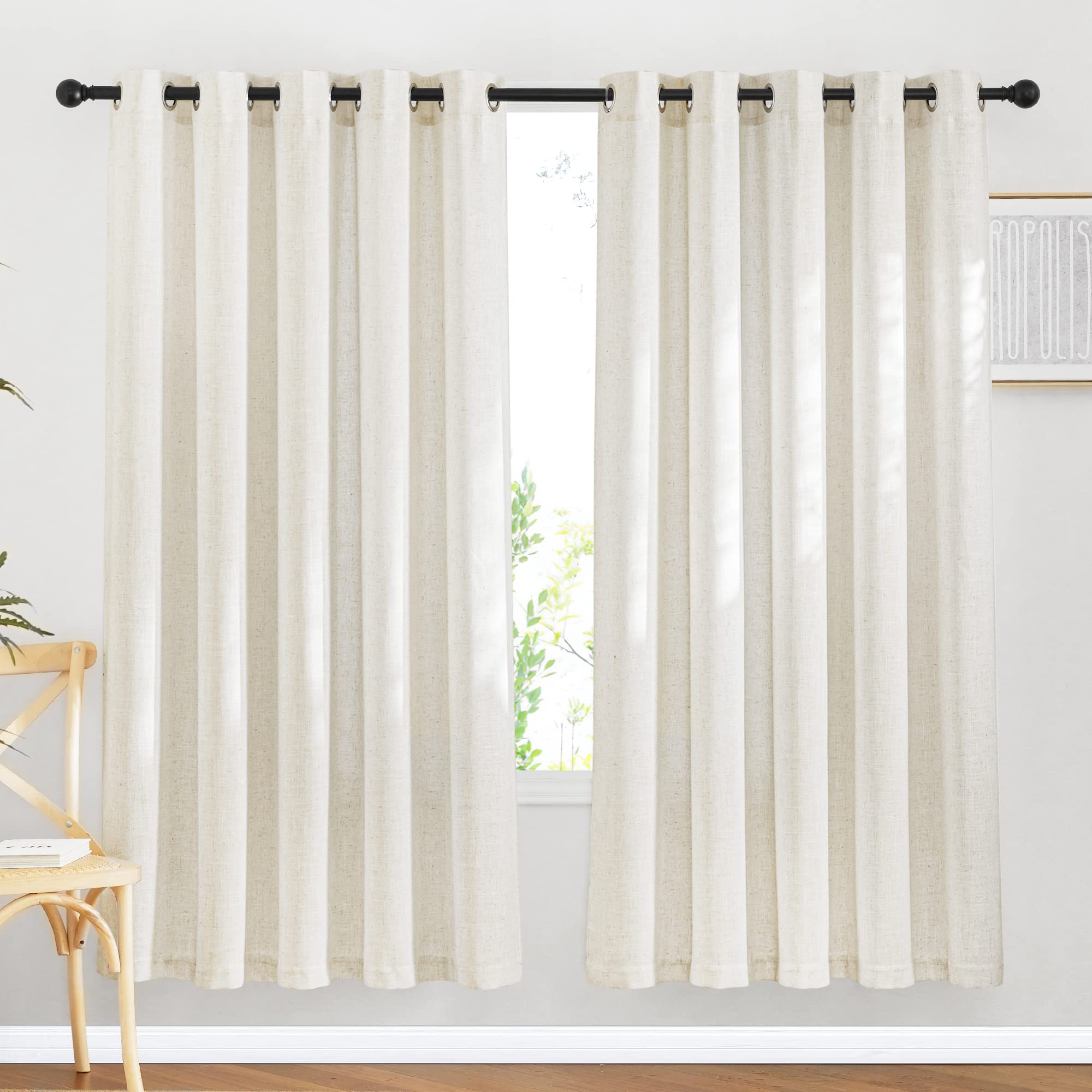 NICETOWN Semi Sheer Linen Curtains for Bedroom 84 inches Long, Grommet Privacy Vertical Farmhouse Window with Light Filtering for Living Room, Natural, W52 x L84, 2 Pieces