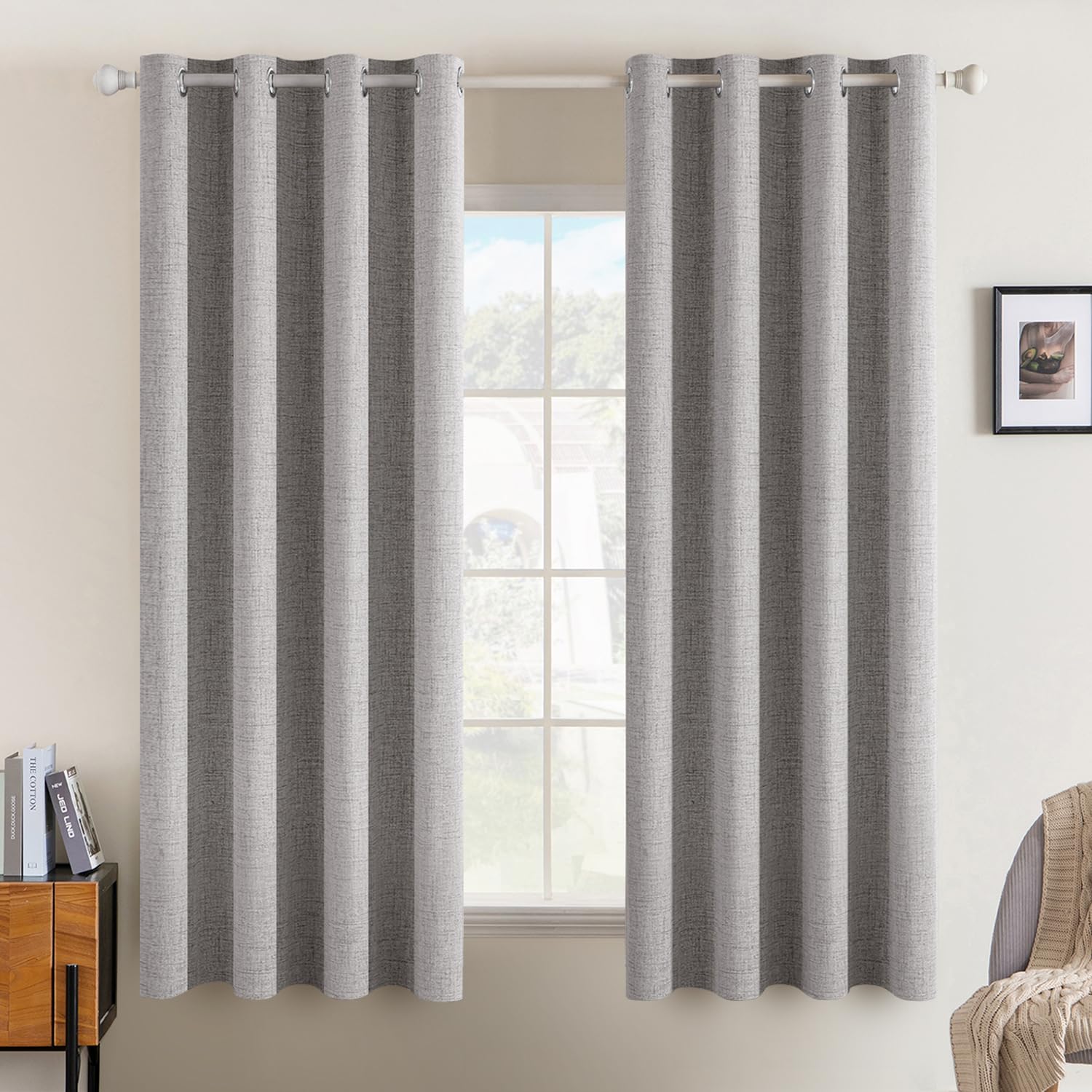MIULEE 100% Blackout Linen Textured Curtains for Bedroom Solid Thermal Insulated Cream Grommet Room Darkening Curtains & Drapes Luxury Decor for Living Room Nursery 52 x 84 Inch (2 Panels)
