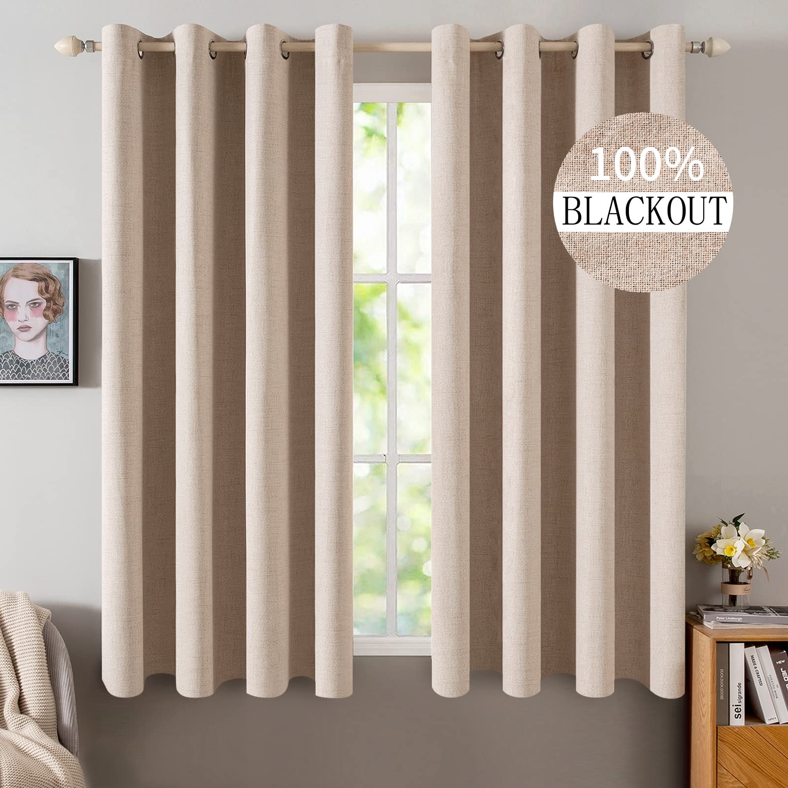 MIULEE 100% Blackout Linen Textured Curtains for Bedroom Solid Thermal Insulated Cream Grommet Room Darkening Curtains & Drapes Luxury Decor for Living Room Nursery 52 x 84 Inch (2 Panels)