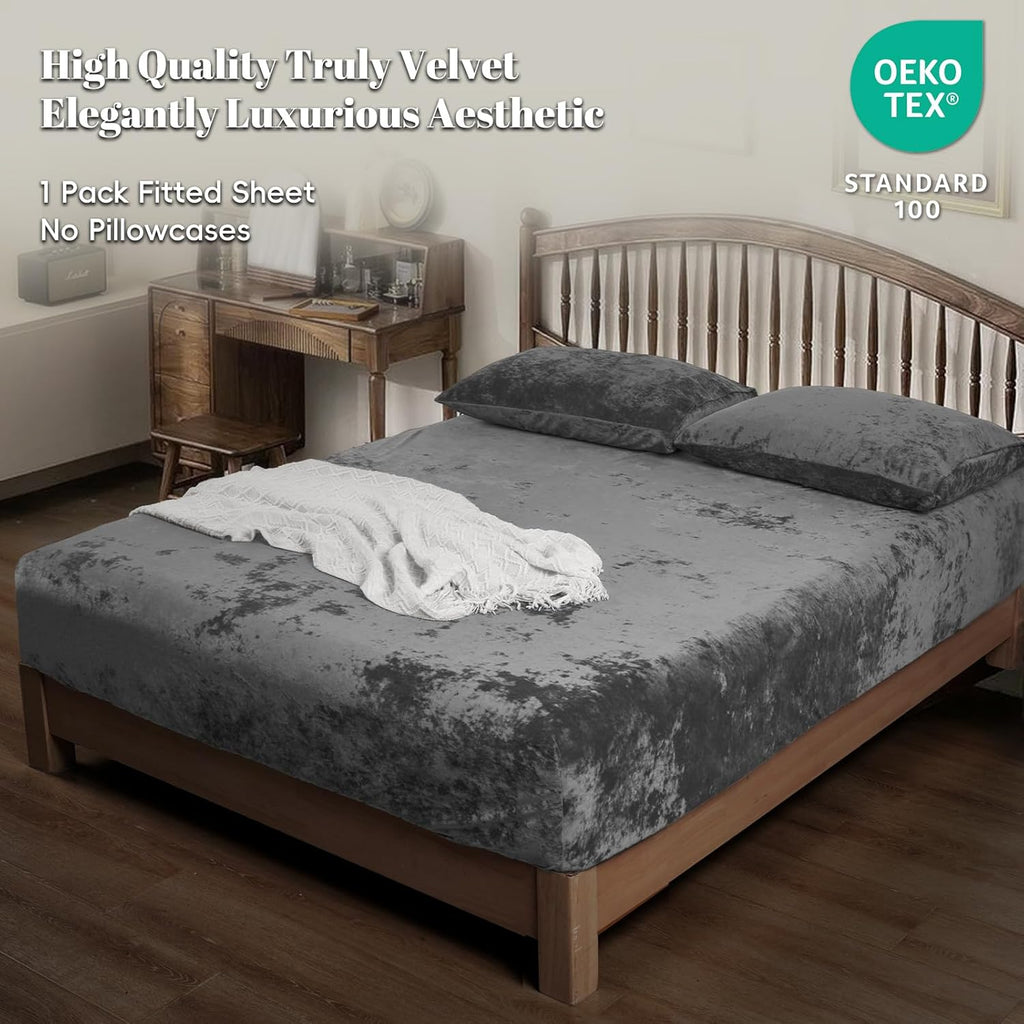 PHF Truly Velvet Fitted Sheet Only Queen Size, Luxury Super Soft Cozy Fuzzy Fleece Bottom Sheet with Deep Pocket Up to 16",Suitable for Fall Winter Spring, No Pillowcases, Charcoal/Dark Grey
