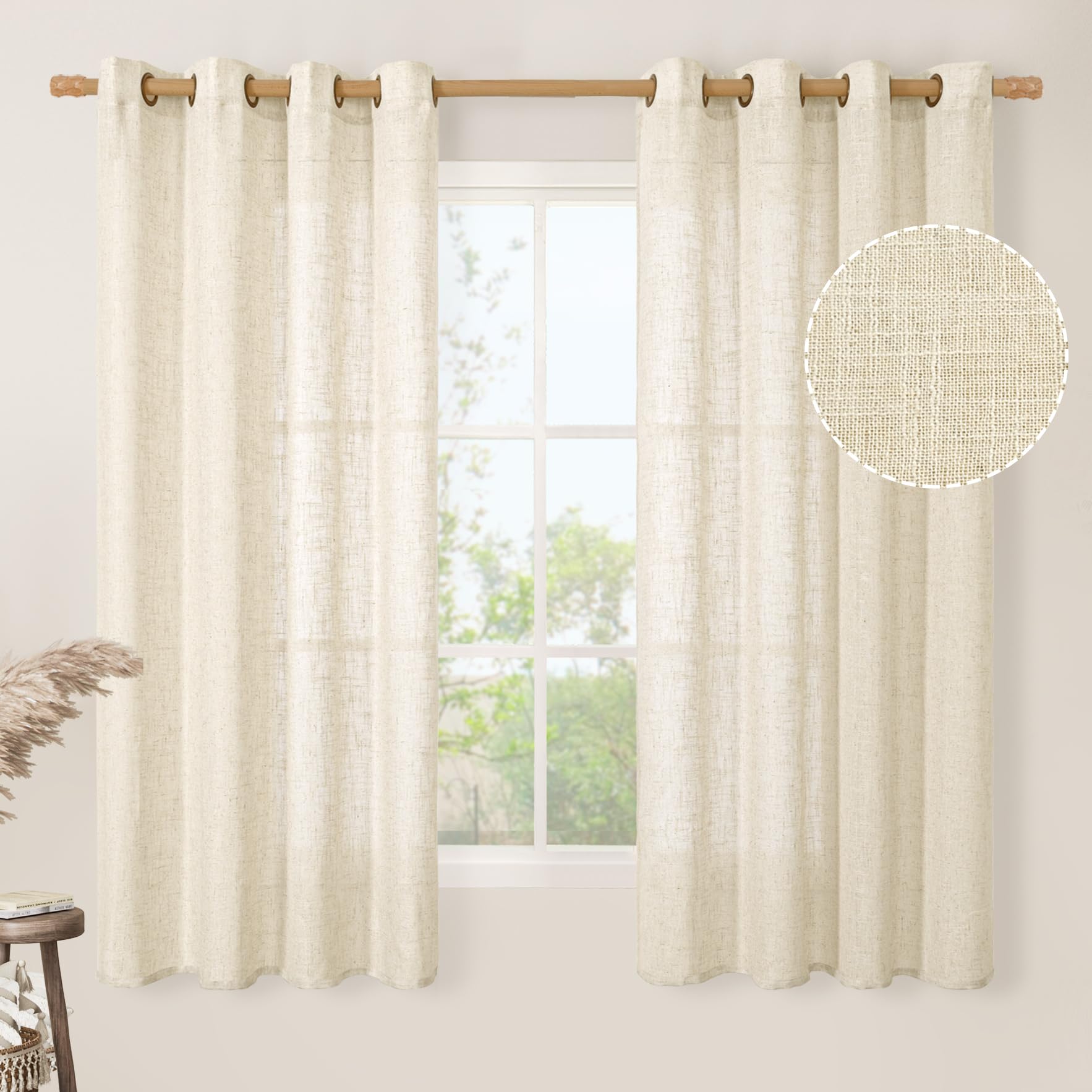 LAMIT Natural Ivory Linen Semi Sheer Curtains 84 inch Length, Cream Light Filtering Soft Thick Neutral Living Room Drapes with Bronze Grommet for Bedroom/Farmhouse, 2 Panels, 52 x 84 Inch