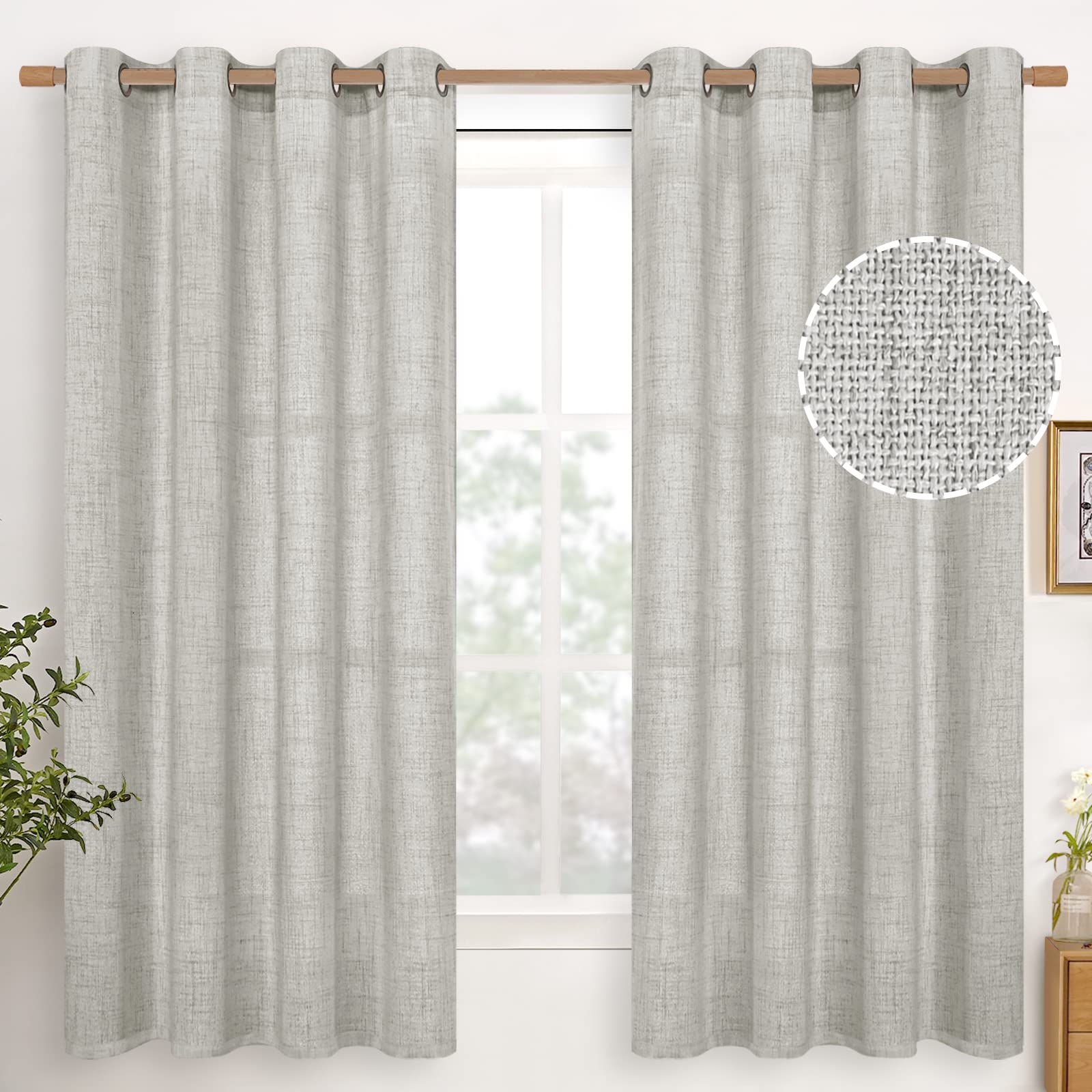 YoungsTex Linen Semi Sheer Curtains 63 Inch Length 2 Panels for Living Room - Light Filtering Drapes with Bronze Grommet Beige Window Treatments for Country Office Bedroom, 52 X 63 Inch