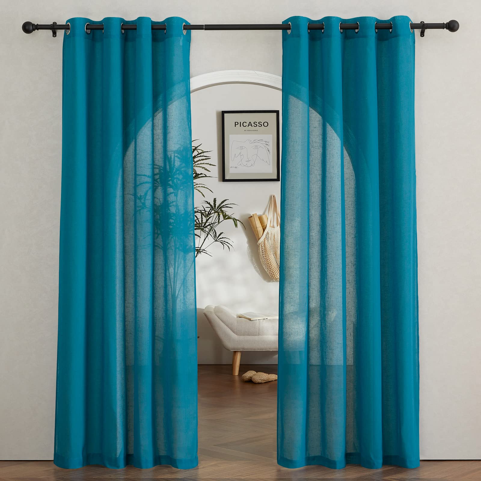 NICETOWN Semi Sheer Linen Curtains for Bedroom 84 inches Long, Grommet Privacy Vertical Farmhouse Window with Light Filtering for Living Room, Natural, W52 x L84, 2 Pieces
