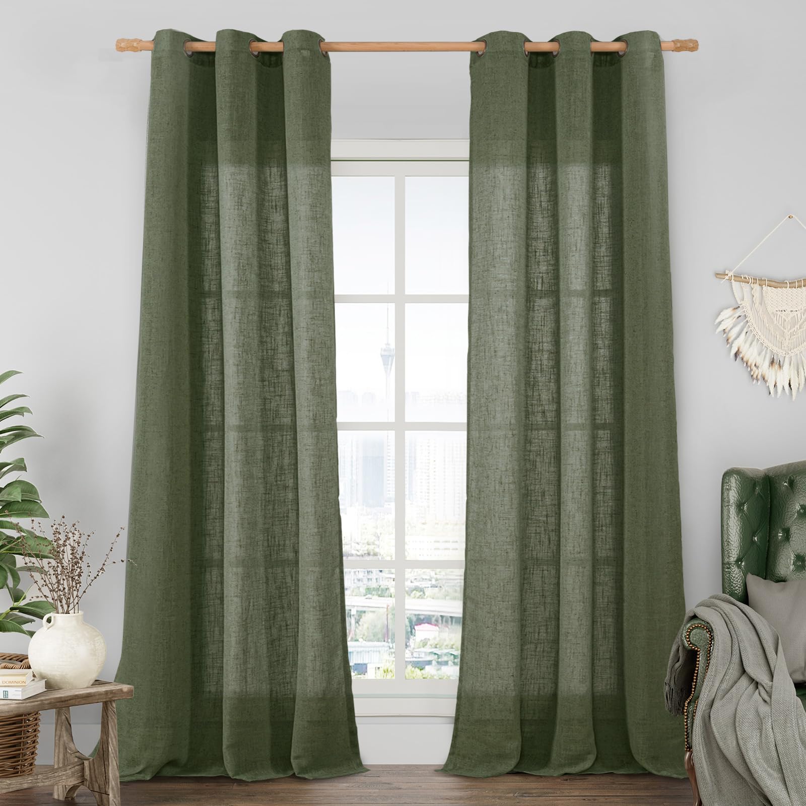 LAMIT Natural Ivory Linen Semi Sheer Curtains 84 inch Length, Cream Light Filtering Soft Thick Neutral Living Room Drapes with Bronze Grommet for Bedroom/Farmhouse, 2 Panels, 52 x 84 Inch