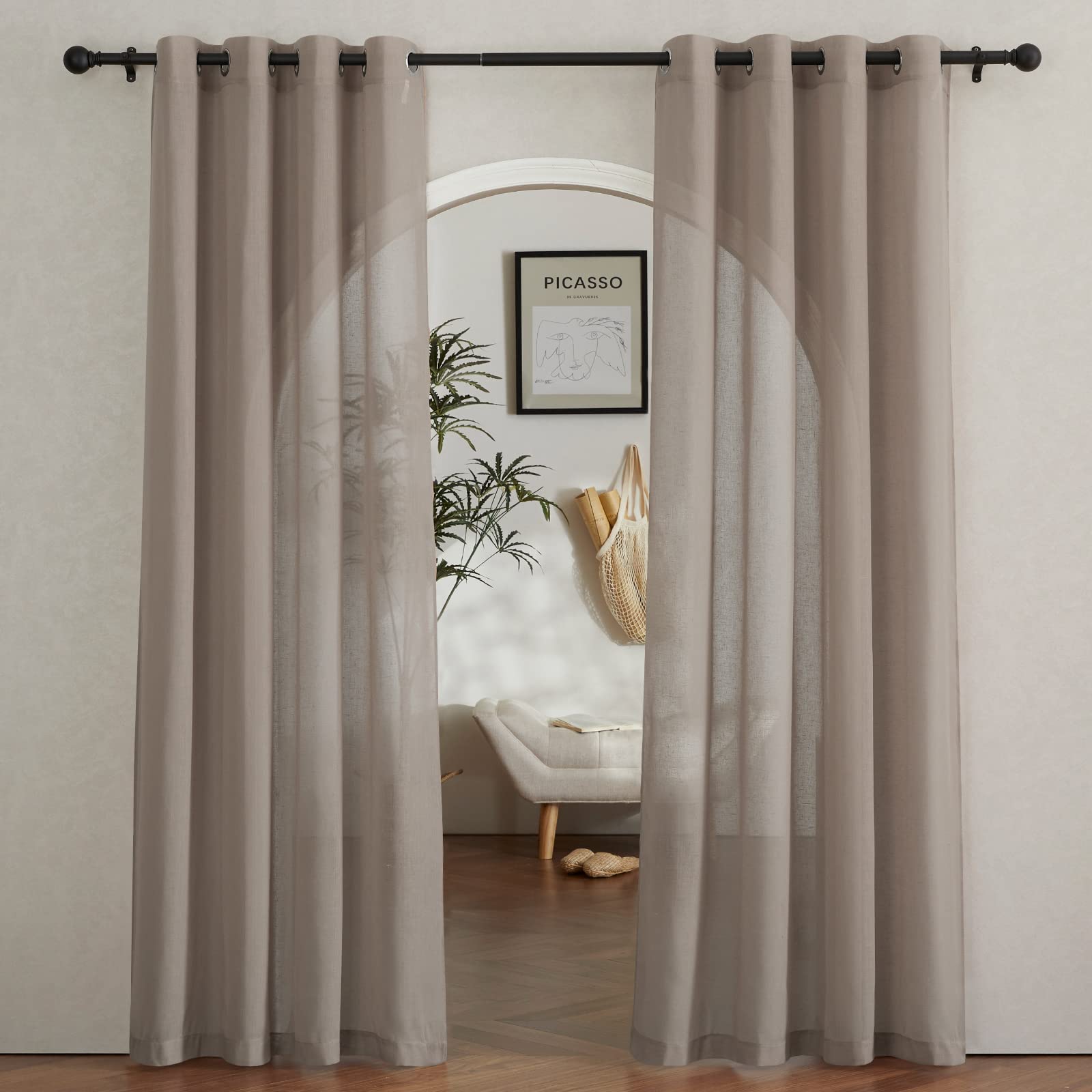 NICETOWN Semi Sheer Linen Curtains for Bedroom 84 inches Long, Grommet Privacy Vertical Farmhouse Window with Light Filtering for Living Room, Natural, W52 x L84, 2 Pieces