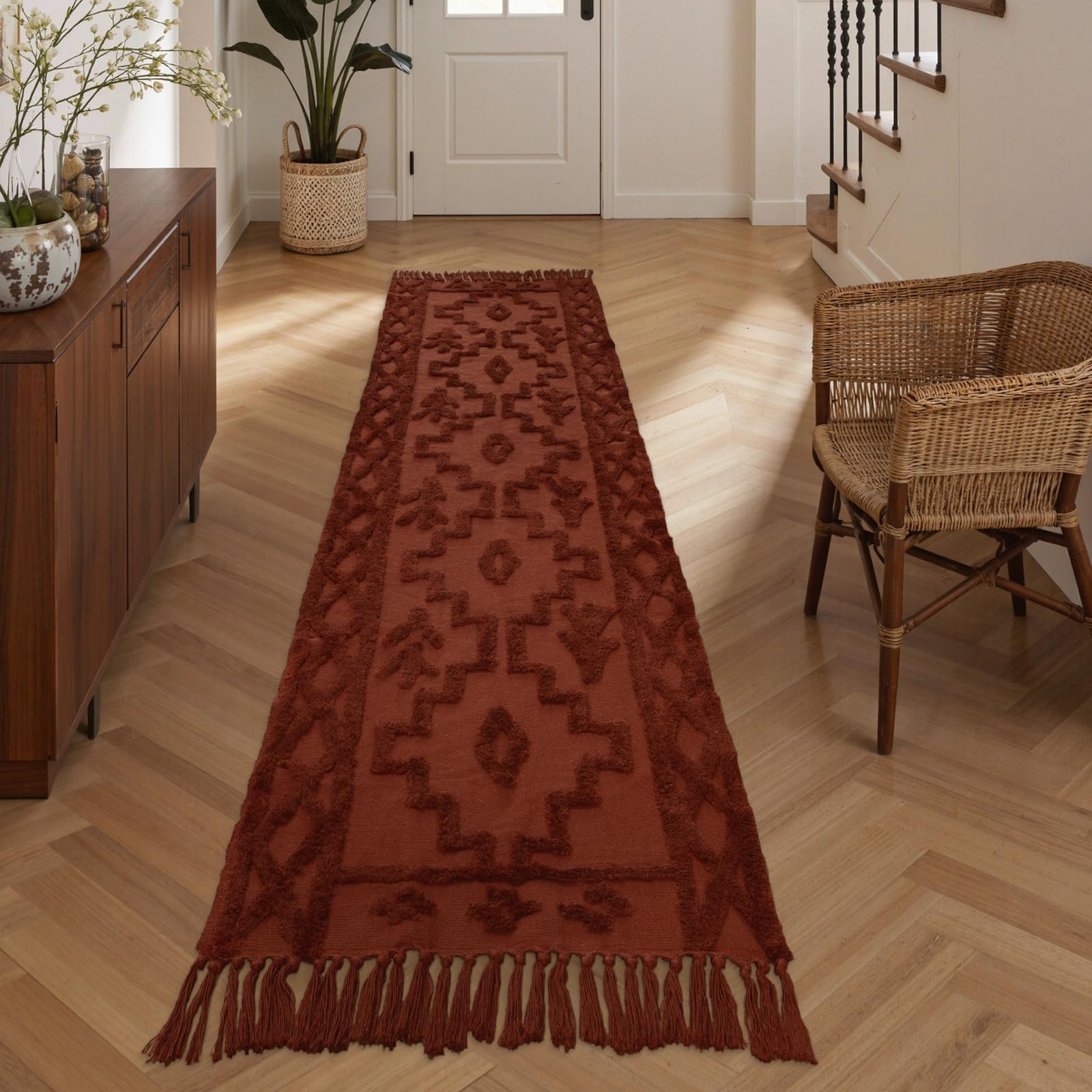 Uphome Boho Hallway Runner Rug 2'x 6', Beige Cotton Washable Kitchen Rug Runners with Tassels, Hand Woven Western Entryway Runner Rugs, Morrocan Accent Throw Carpet for Hallways Bedroom Bathroom