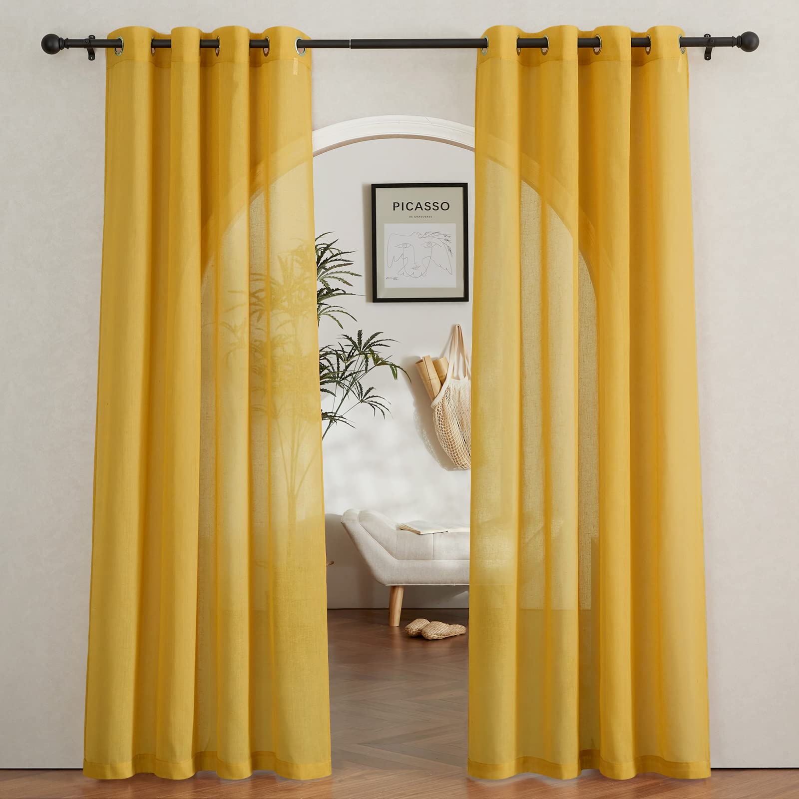 NICETOWN Semi Sheer Linen Curtains for Bedroom 84 inches Long, Grommet Privacy Vertical Farmhouse Window with Light Filtering for Living Room, Natural, W52 x L84, 2 Pieces