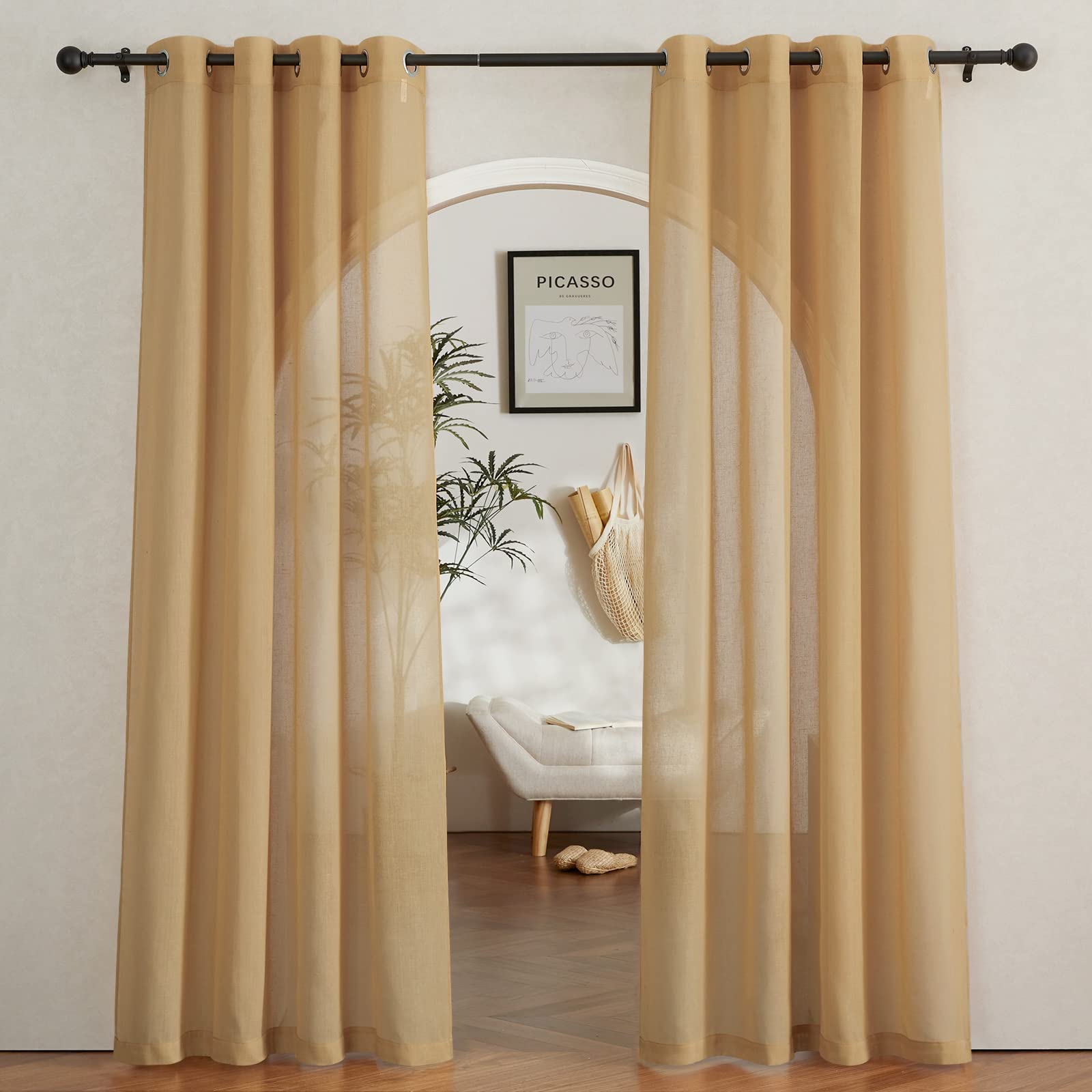 NICETOWN Semi Sheer Linen Curtains for Bedroom 84 inches Long, Grommet Privacy Vertical Farmhouse Window with Light Filtering for Living Room, Natural, W52 x L84, 2 Pieces