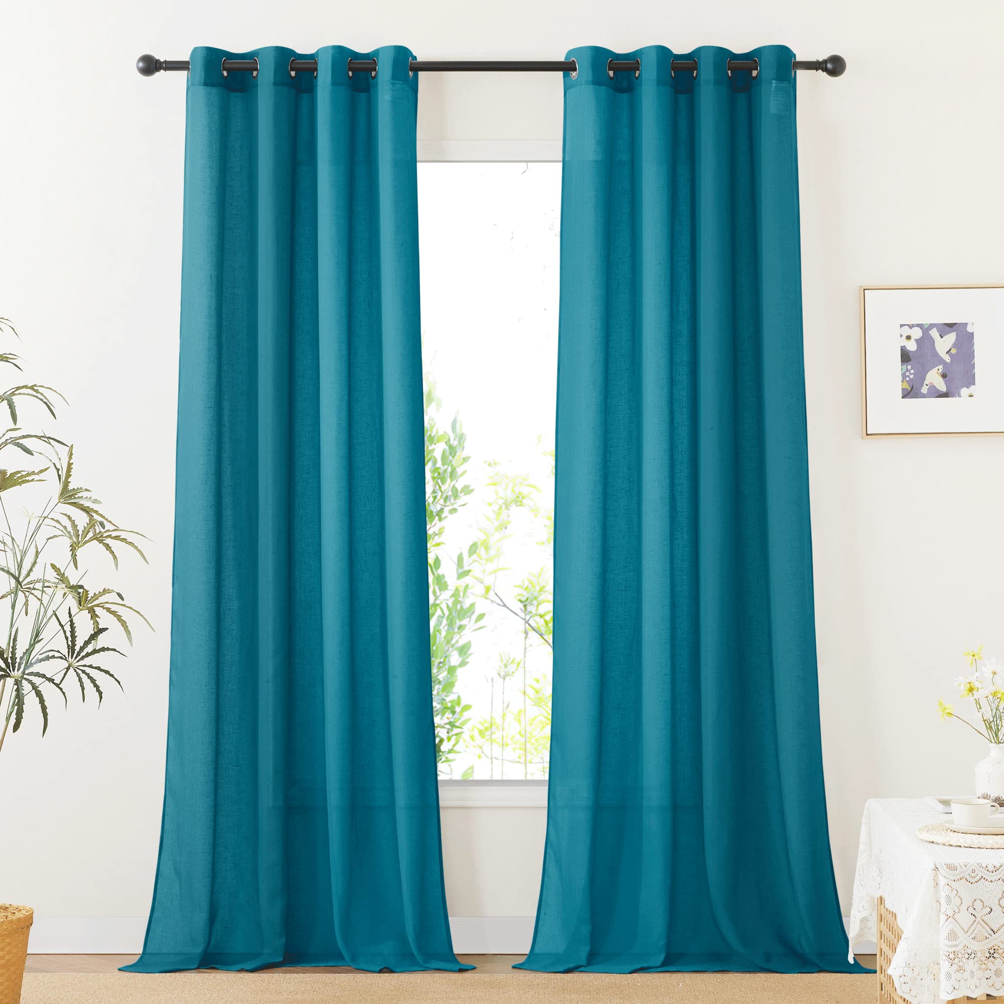 NICETOWN Semi Sheer Linen Curtains for Bedroom 84 inches Long, Grommet Privacy Vertical Farmhouse Window with Light Filtering for Living Room, Natural, W52 x L84, 2 Pieces