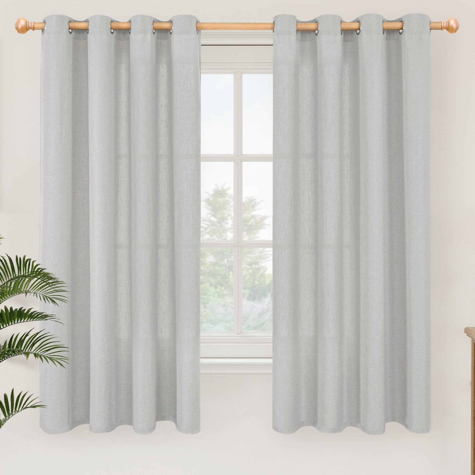 YoungsTex Linen Semi Sheer Curtains 63 Inch Length 2 Panels for Living Room - Light Filtering Drapes with Bronze Grommet Beige Window Treatments for Country Office Bedroom, 52 X 63 Inch