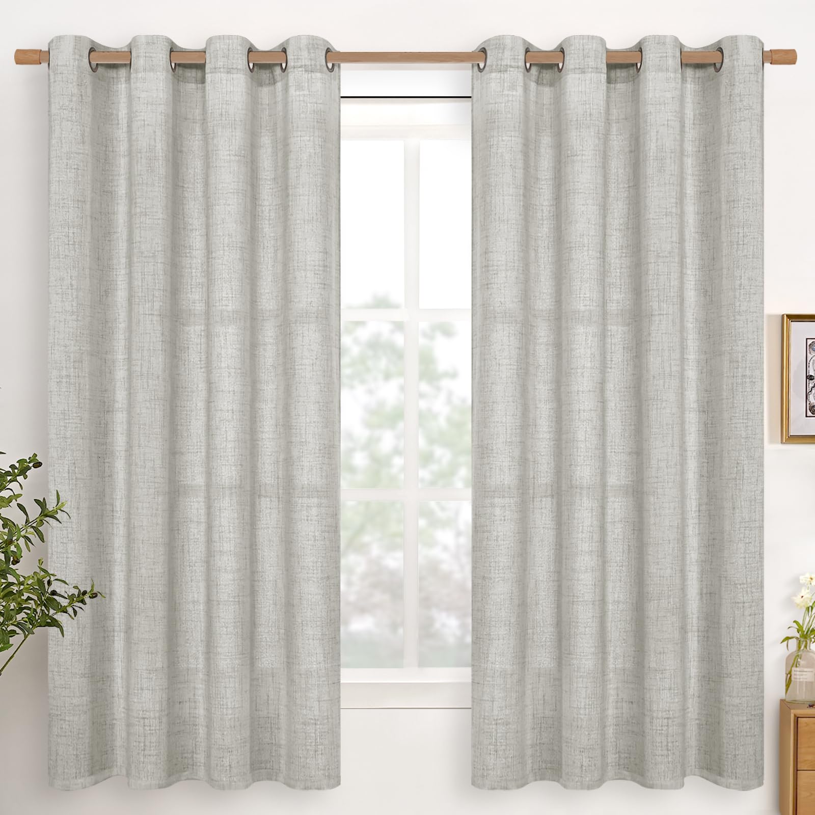 YoungsTex Linen Semi Sheer Curtains 63 Inch Length 2 Panels for Living Room - Light Filtering Drapes with Bronze Grommet Beige Window Treatments for Country Office Bedroom, 52 X 63 Inch