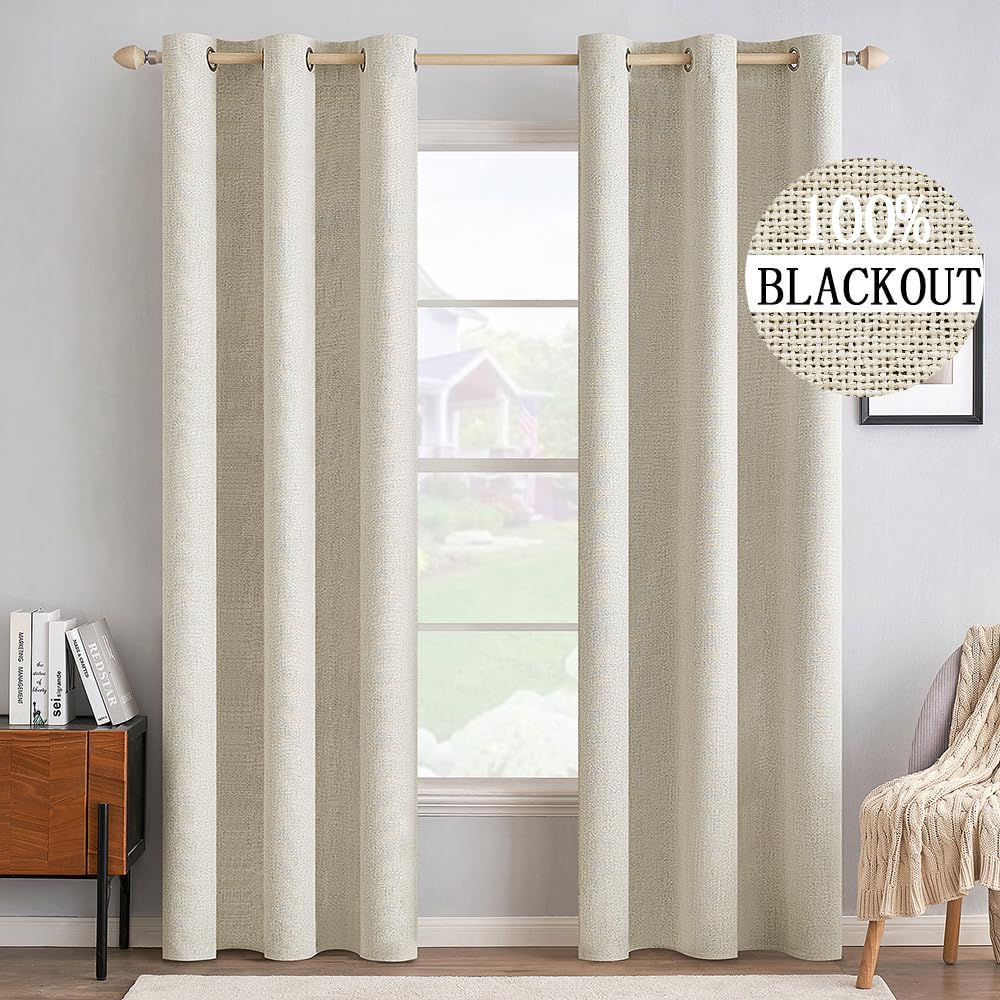 MIULEE 100% Blackout Linen Textured Curtains for Bedroom Solid Thermal Insulated Cream Grommet Room Darkening Curtains & Drapes Luxury Decor for Living Room Nursery 52 x 84 Inch (2 Panels)