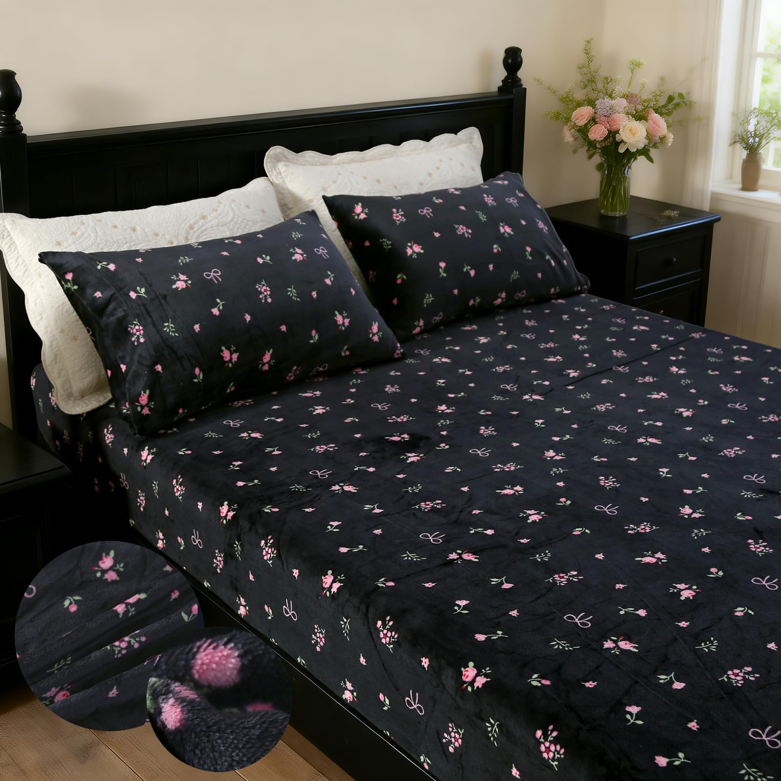 MAG 3Pcs Fleece Fitted Sheet Full Size with Brown Floral Pattern, Super Cute Fluffy Warm Flower Print Decor Bottom Sheets for Women Girls,included1*Fitted Sheet and 2*Pillowcases.
