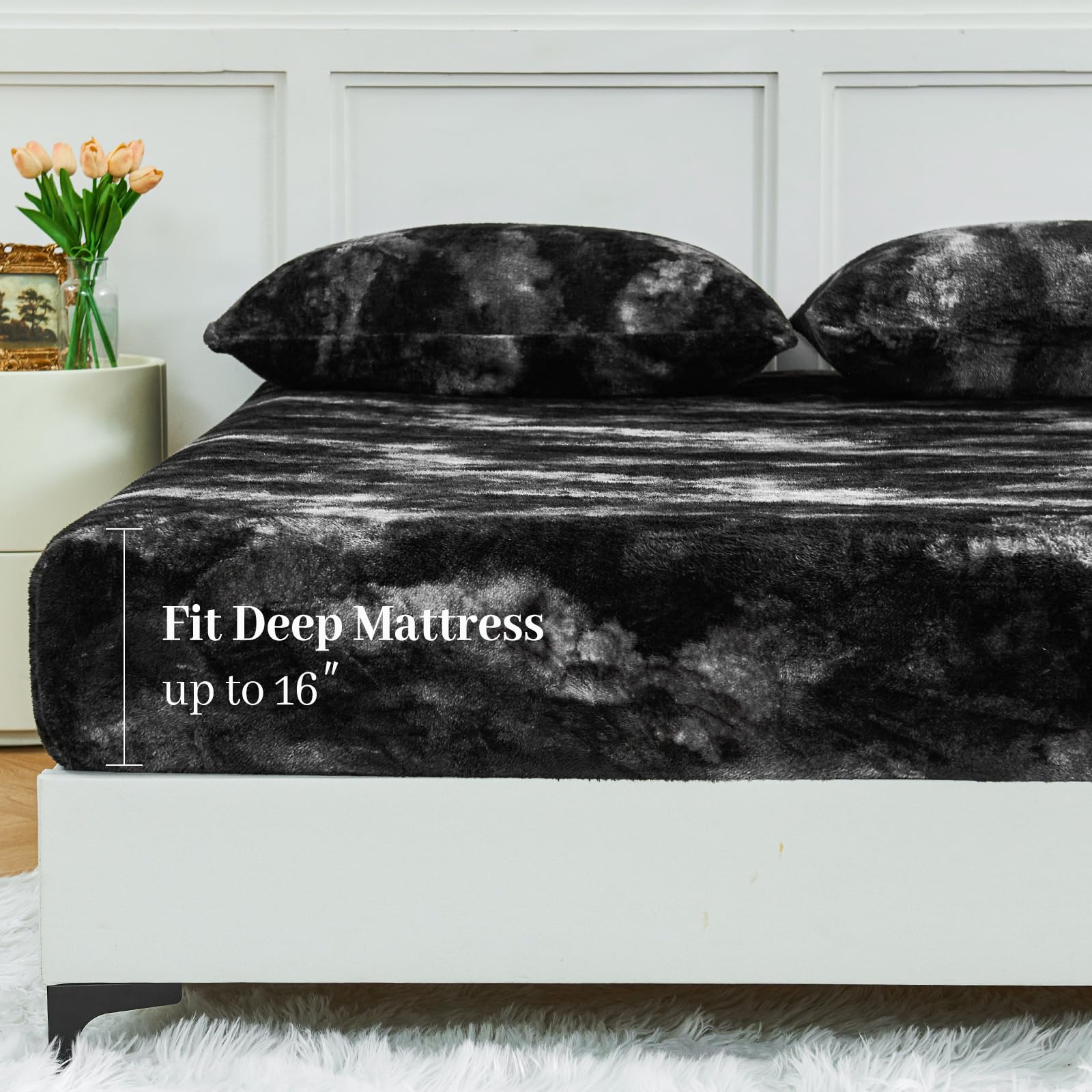 YIYEA Fleece Fitted Sheet Only, Ultra Soft Fluffy Plush Velvet Deep Pocket Fitted Bottom Sheet for Fall Winter, Cozy Warmth and No Shedding, Light Gray, Queen