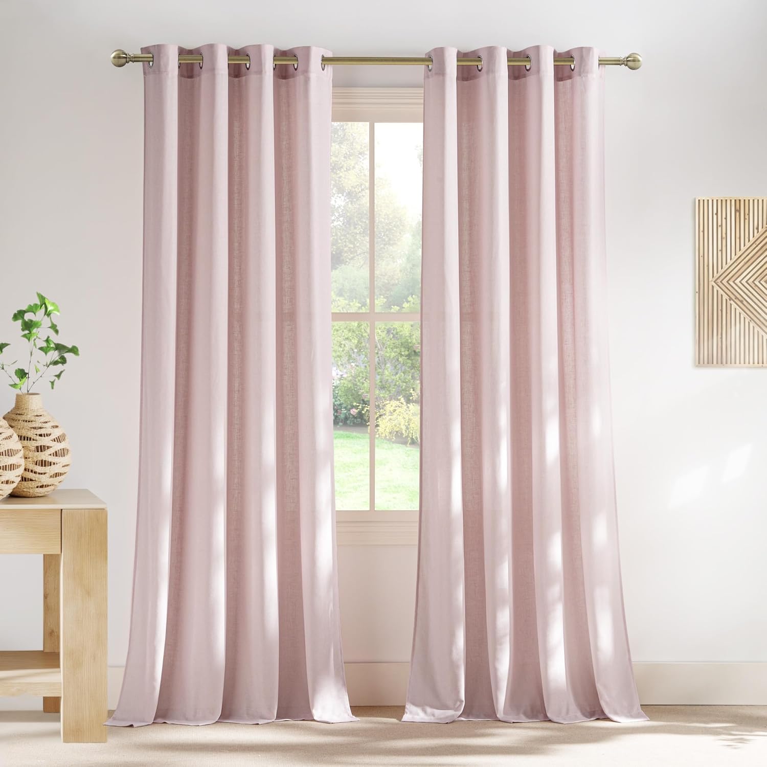 NICETOWN Natural Linen Curtains 84 inch Long 2 Panels Set, Grommet Top Thick Linen Burlap Semi Sheer Vertical Drapes Privacy Assured with Light Filtering for Bedroom/Living Room, W55 x L84
