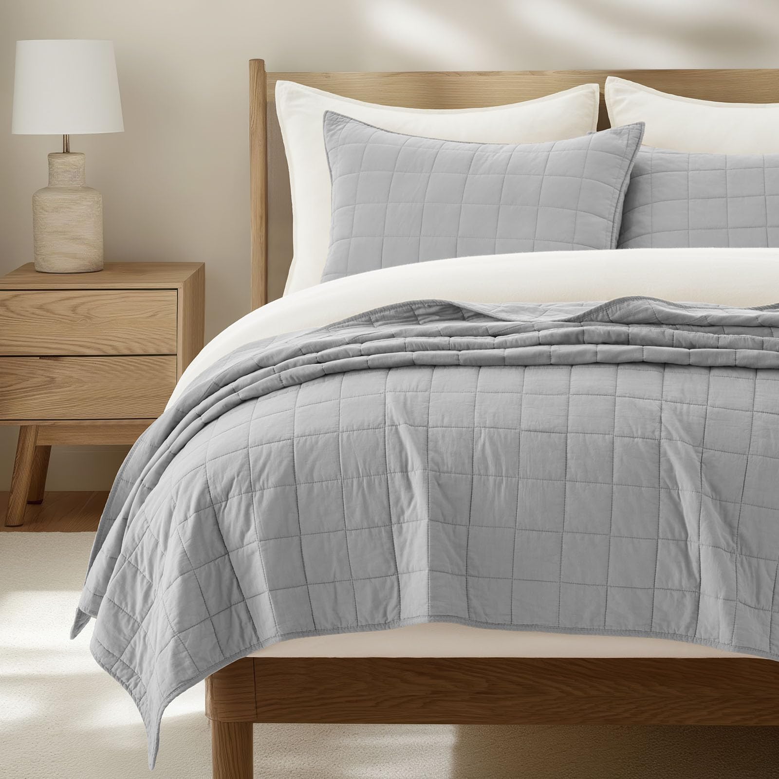 EVERGRACEHOME 100% Cotton Box Stitch Quilt Bedding Set Queen Size 3 Pieces, Garment-Washed Lightweight Soft Cozy Coverlet, Quilted Bedspread Sets with 2 Shams for All Season, Blue Linen | Box Stitch Design, 100% Cotton, Soft, Oversized, Pre Washed, Oeko-T