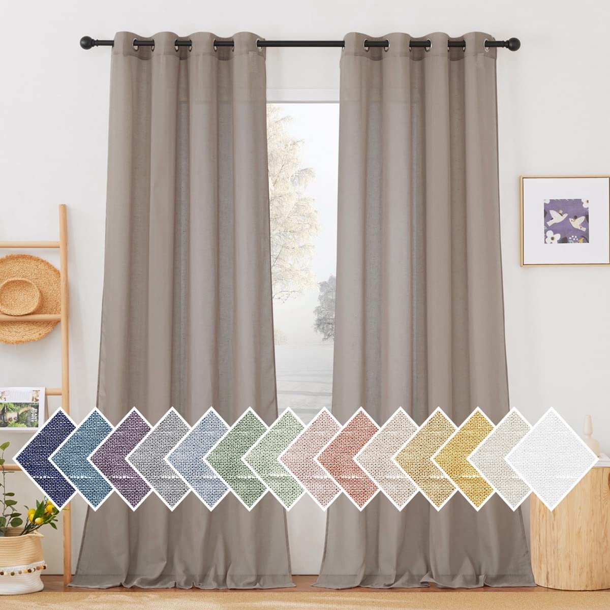 NICETOWN Semi Sheer Linen Curtains for Bedroom 84 inches Long, Grommet Privacy Vertical Farmhouse Window with Light Filtering for Living Room, Natural, W52 x L84, 2 Pieces