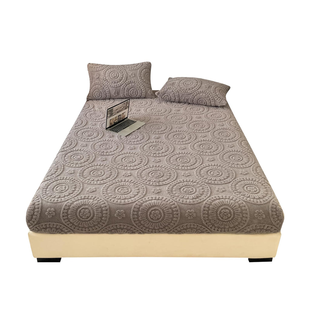 LweiPsqLin Fluffy Velvet Fitted Sheet Full Size - Micro Fleece Bed Sheet with 15" Deep Pockets, Bohemian Floral Jacquard Mattress Cover, Shrink & Fade Resistant, Khaki