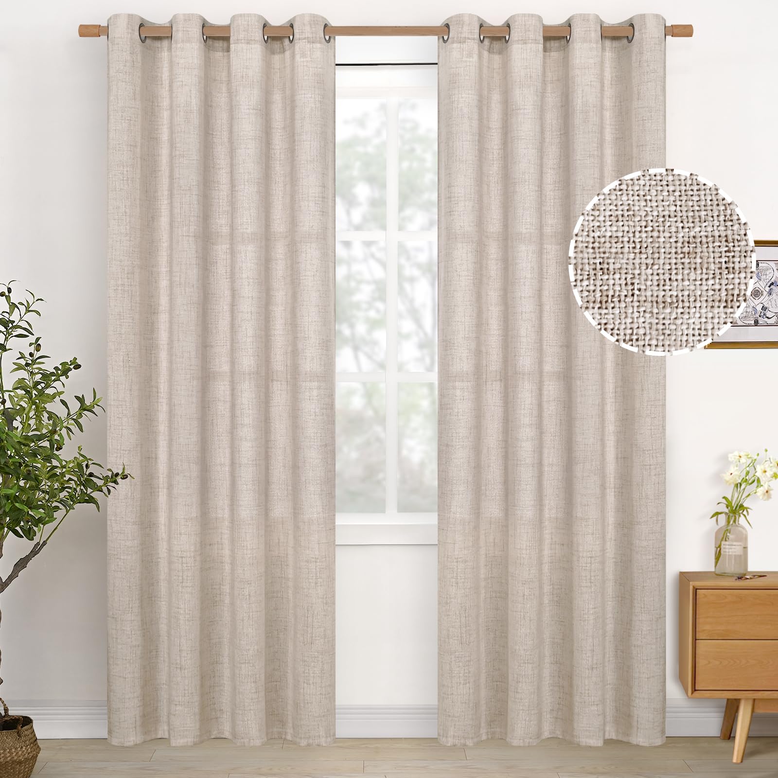 YoungsTex Linen Semi Sheer Curtains 63 Inch Length 2 Panels for Living Room - Light Filtering Drapes with Bronze Grommet Beige Window Treatments for Country Office Bedroom, 52 X 63 Inch
