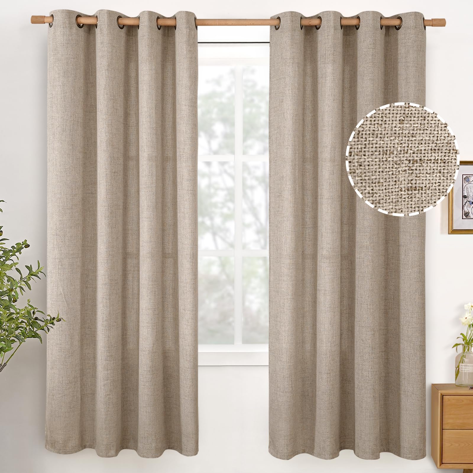 YoungsTex Linen Semi Sheer Curtains 63 Inch Length 2 Panels for Living Room - Light Filtering Drapes with Bronze Grommet Beige Window Treatments for Country Office Bedroom, 52 X 63 Inch