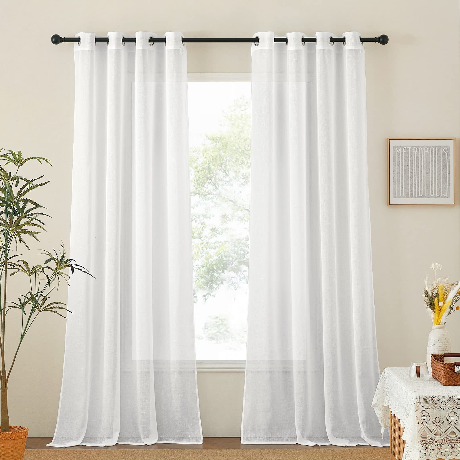 NICETOWN Semi Sheer Linen Curtains for Bedroom 84 inches Long, Grommet Privacy Vertical Farmhouse Window with Light Filtering for Living Room, Natural, W52 x L84, 2 Pieces