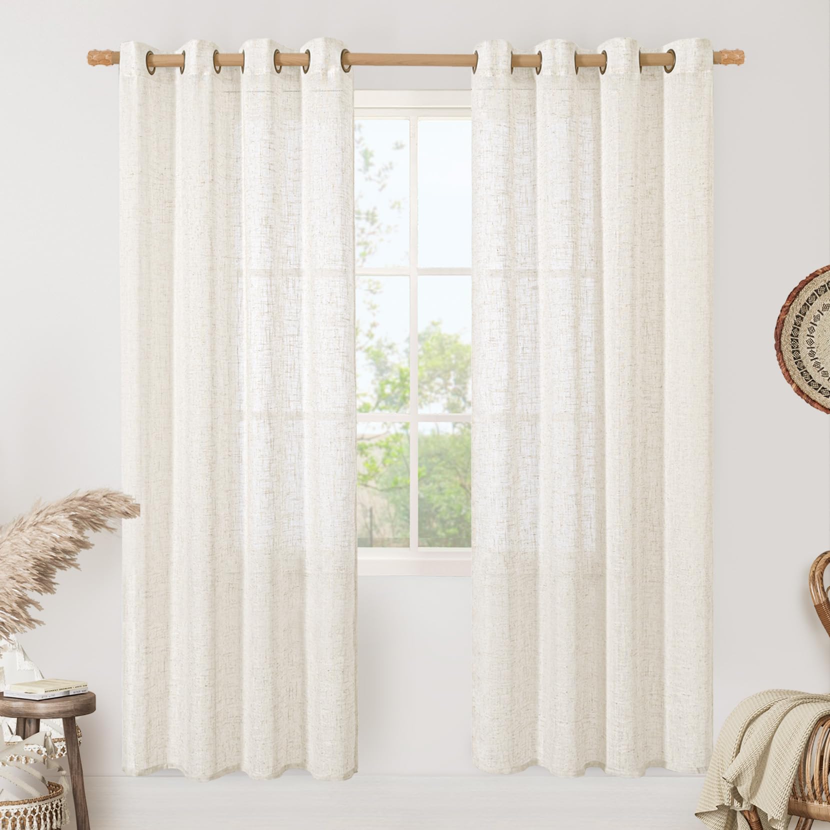 LAMIT Natural Ivory Linen Semi Sheer Curtains 84 inch Length, Cream Light Filtering Soft Thick Neutral Living Room Drapes with Bronze Grommet for Bedroom/Farmhouse, 2 Panels, 52 x 84 Inch