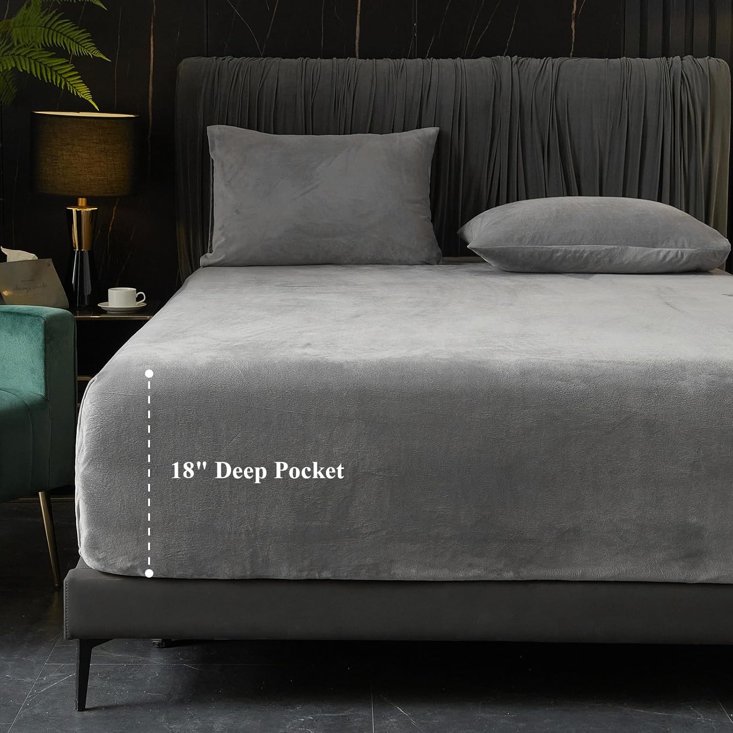 Ivellow Velvet Fitted Sheet Queen Size, 1 Pack Luxury Flannel Bed Sheets with 18” Extra Deep Pocket Queen Fitted Sheet Only Extra Soft Cozy Comfy Warmth Plush Grey Velvet Bottom Sheets No Pillowcases