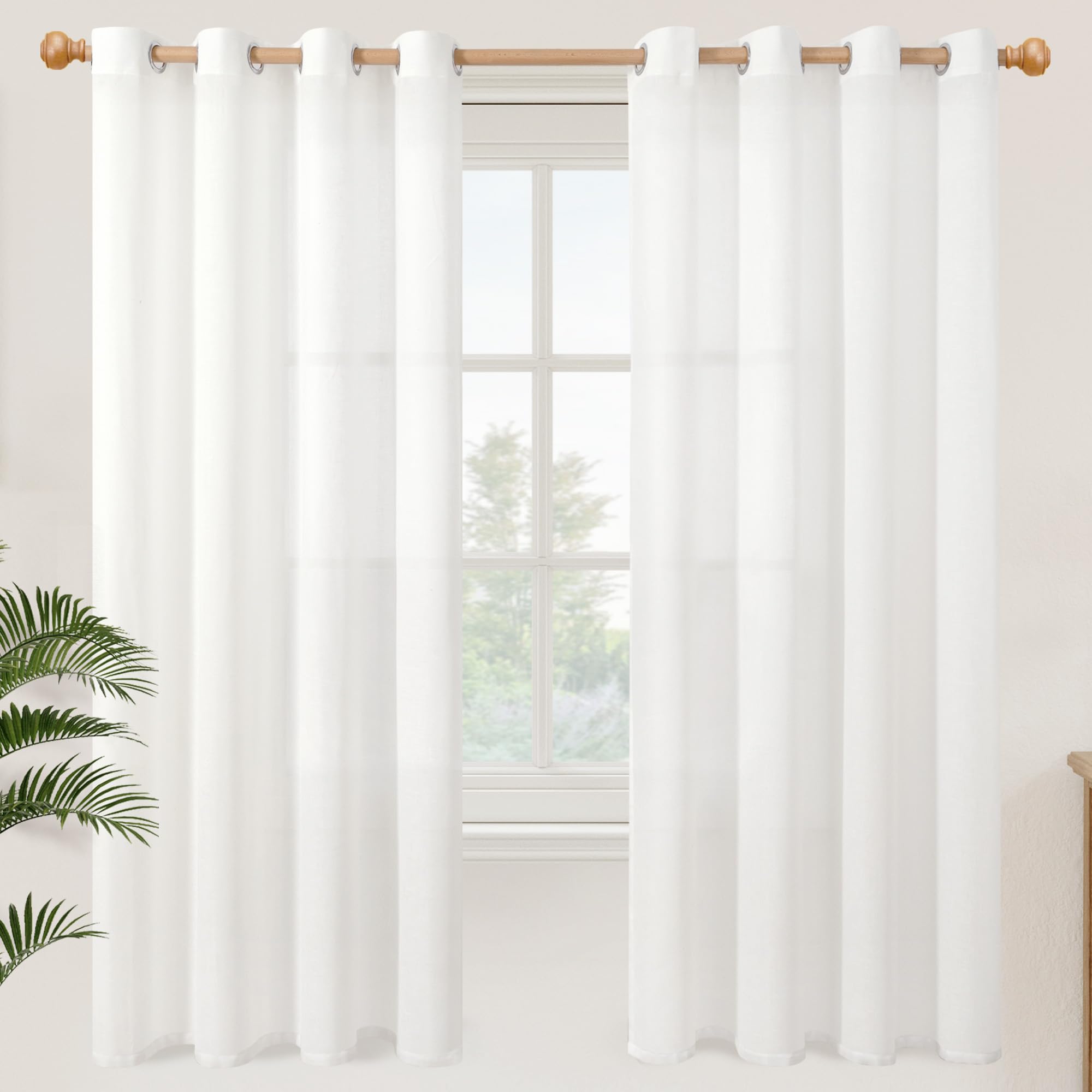 YoungsTex Linen Semi Sheer Curtains 63 Inch Length 2 Panels for Living Room - Light Filtering Drapes with Bronze Grommet Beige Window Treatments for Country Office Bedroom, 52 X 63 Inch