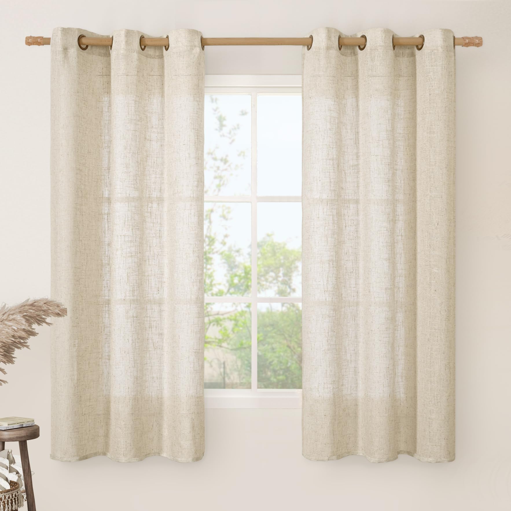 LAMIT Natural Ivory Linen Semi Sheer Curtains 84 inch Length, Cream Light Filtering Soft Thick Neutral Living Room Drapes with Bronze Grommet for Bedroom/Farmhouse, 2 Panels, 52 x 84 Inch