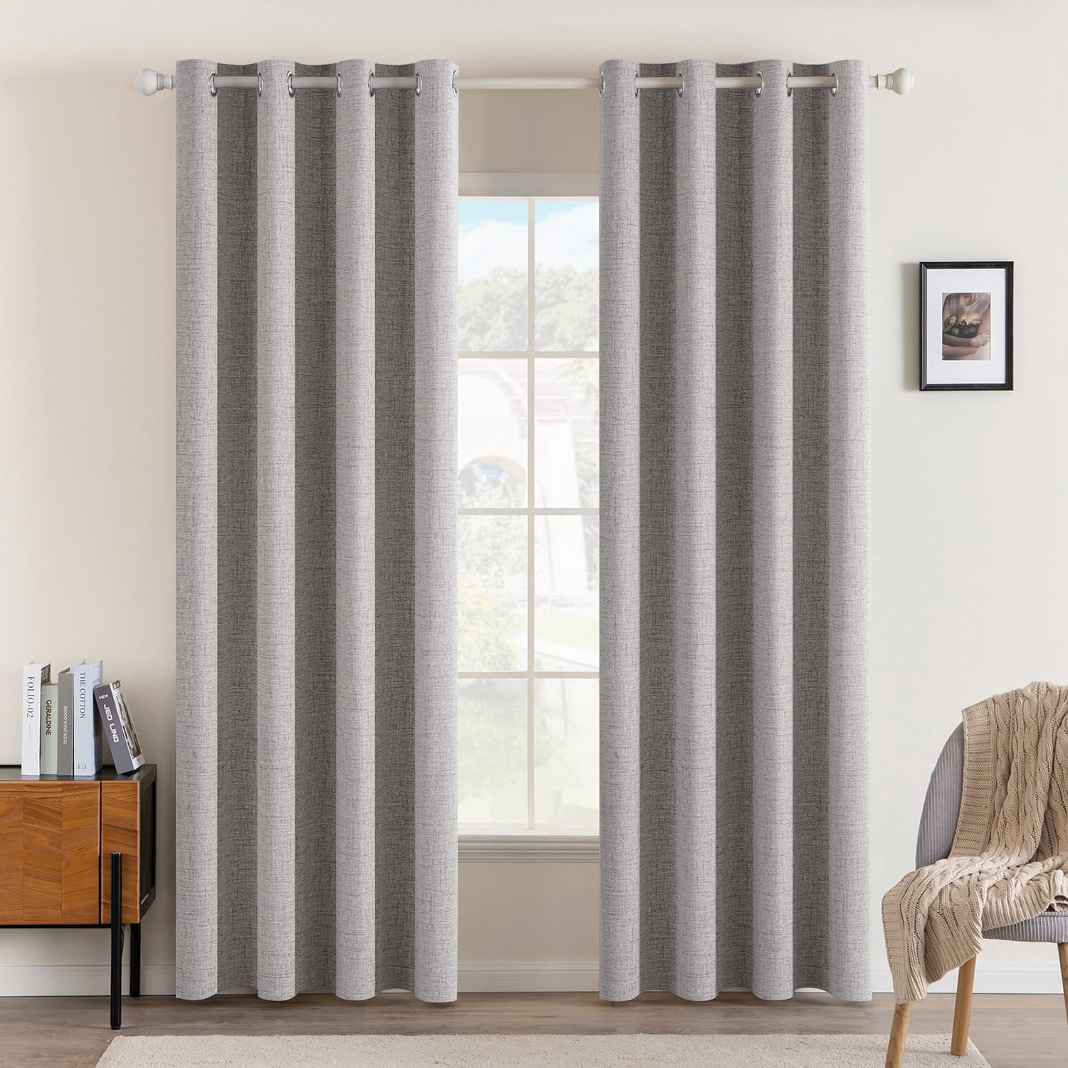 MIULEE 100% Blackout Linen Textured Curtains for Bedroom Solid Thermal Insulated Natural Beige Grommet Room Darkening Curtains & Drapes Luxury Decor for Living Room Nursery 52 x 96 Inch (2 Panels)