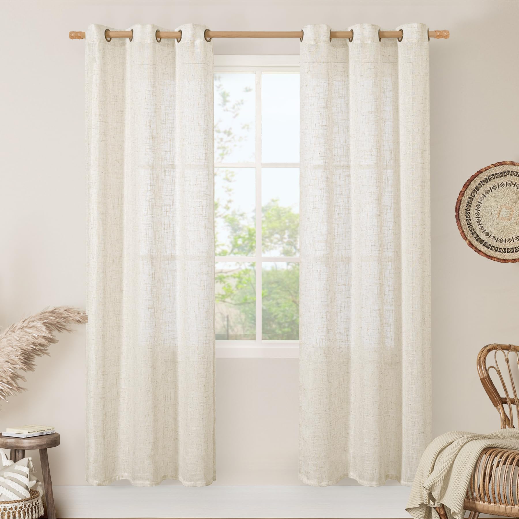 LAMIT Natural Ivory Linen Semi Sheer Curtains 84 inch Length, Cream Light Filtering Soft Thick Neutral Living Room Drapes with Bronze Grommet for Bedroom/Farmhouse, 2 Panels, 52 x 84 Inch
