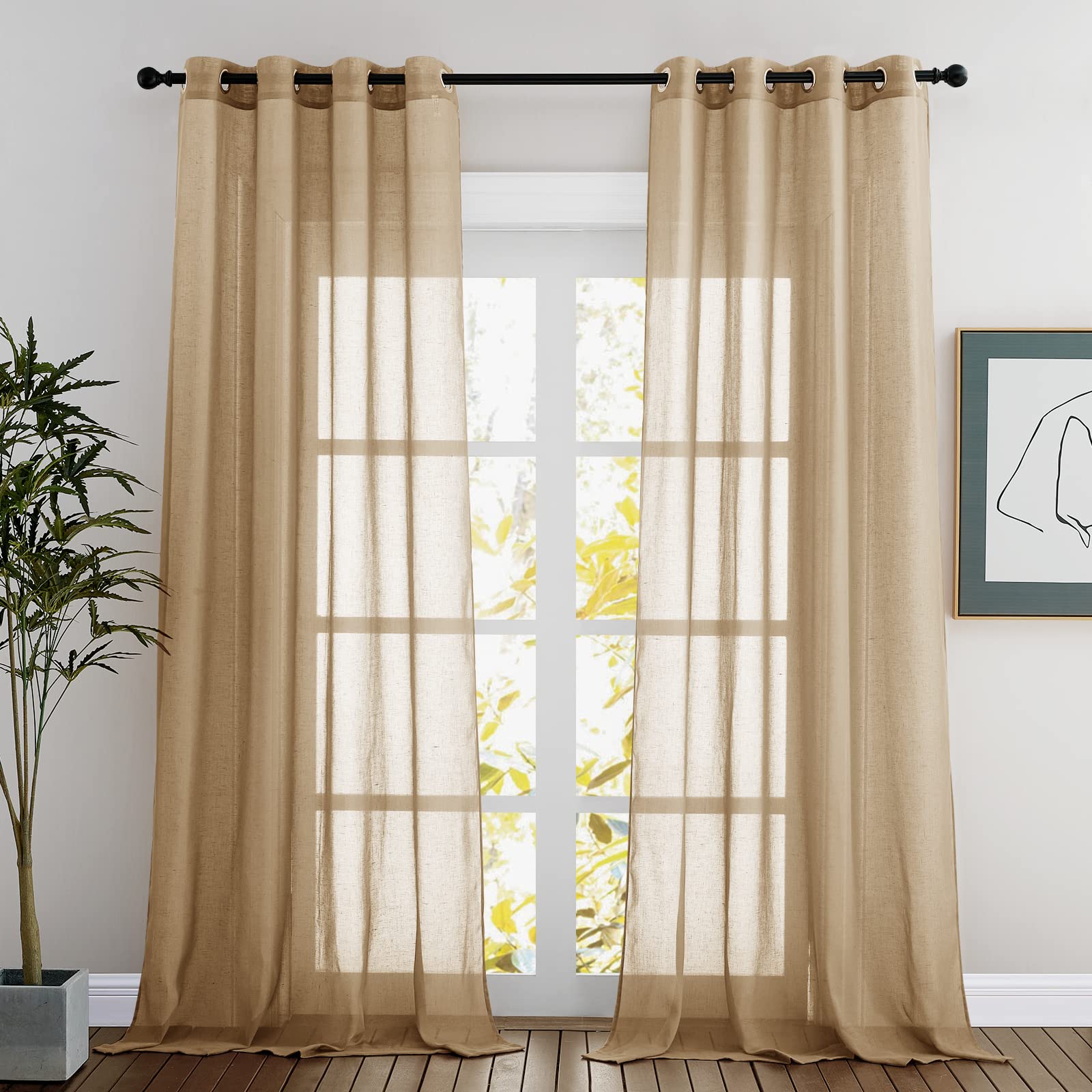 NICETOWN Semi Sheer Linen Curtains for Bedroom 84 inches Long, Grommet Privacy Vertical Farmhouse Window with Light Filtering for Living Room, Natural, W52 x L84, 2 Pieces