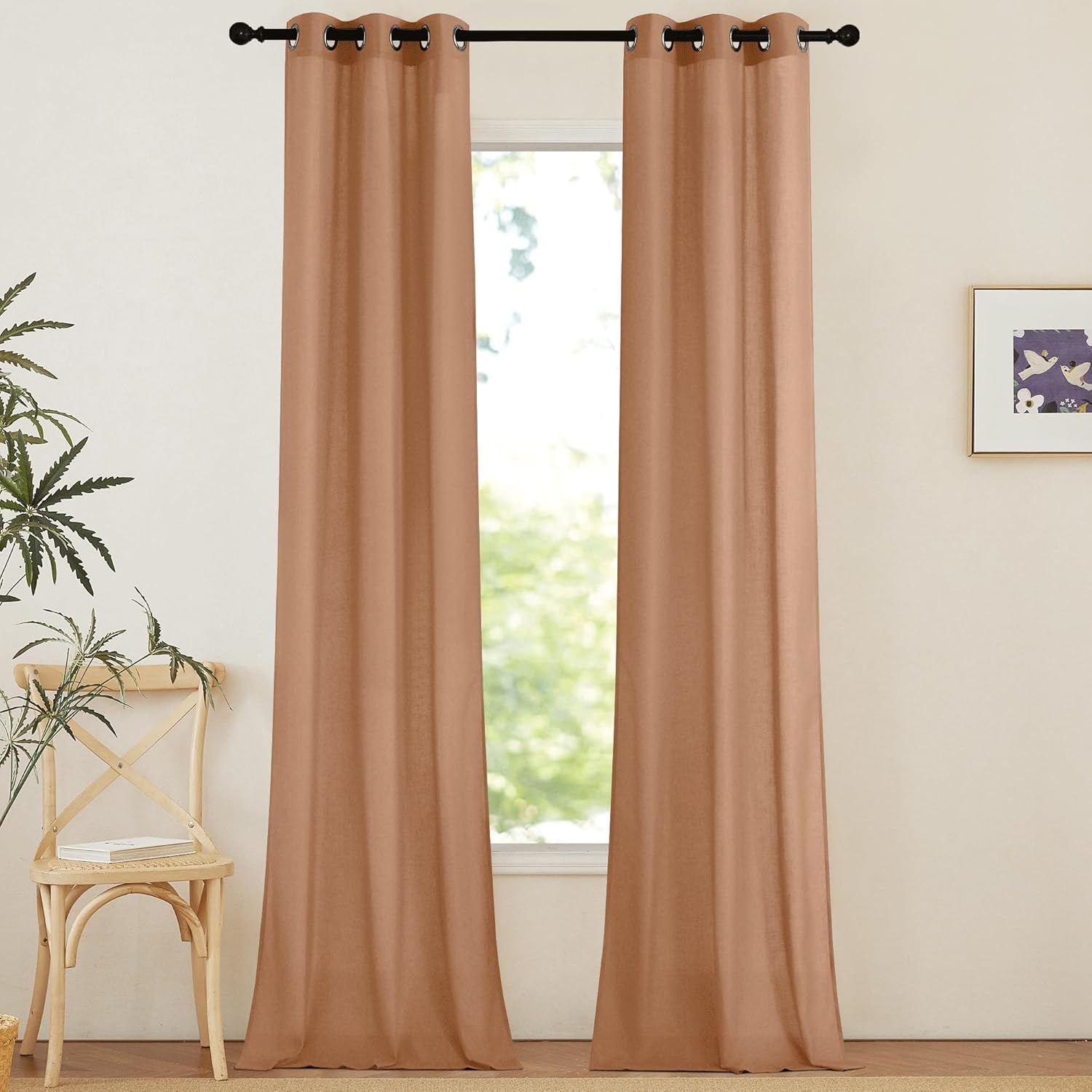 NICETOWN Natural Linen Curtains 84 inch Long 2 Panels Set, Grommet Top Thick Linen Burlap Semi Sheer Vertical Drapes Privacy Assured with Light Filtering for Bedroom/Living Room, W55 x L84