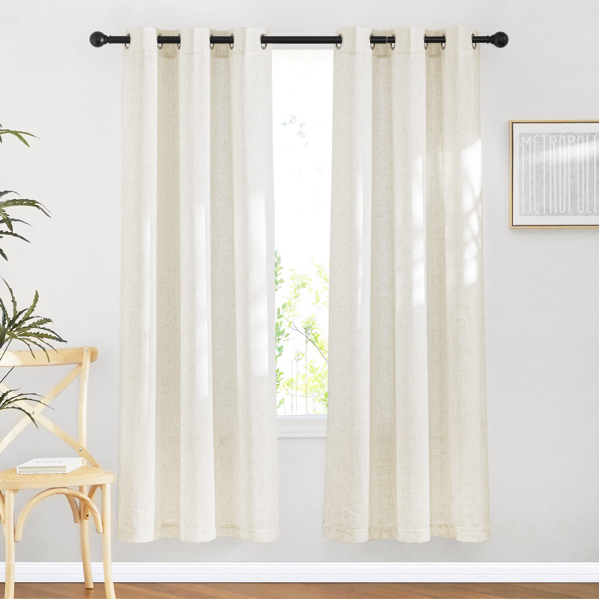 NICETOWN Semi Sheer Linen Curtains for Bedroom 84 inches Long, Grommet Privacy Vertical Farmhouse Window with Light Filtering for Living Room, Natural, W52 x L84, 2 Pieces