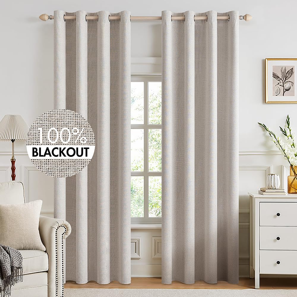 MIULEE 100% Blackout Linen Textured Curtains for Bedroom Solid Thermal Insulated Cream Grommet Room Darkening Curtains & Drapes Luxury Decor for Living Room Nursery 52 x 84 Inch (2 Panels)