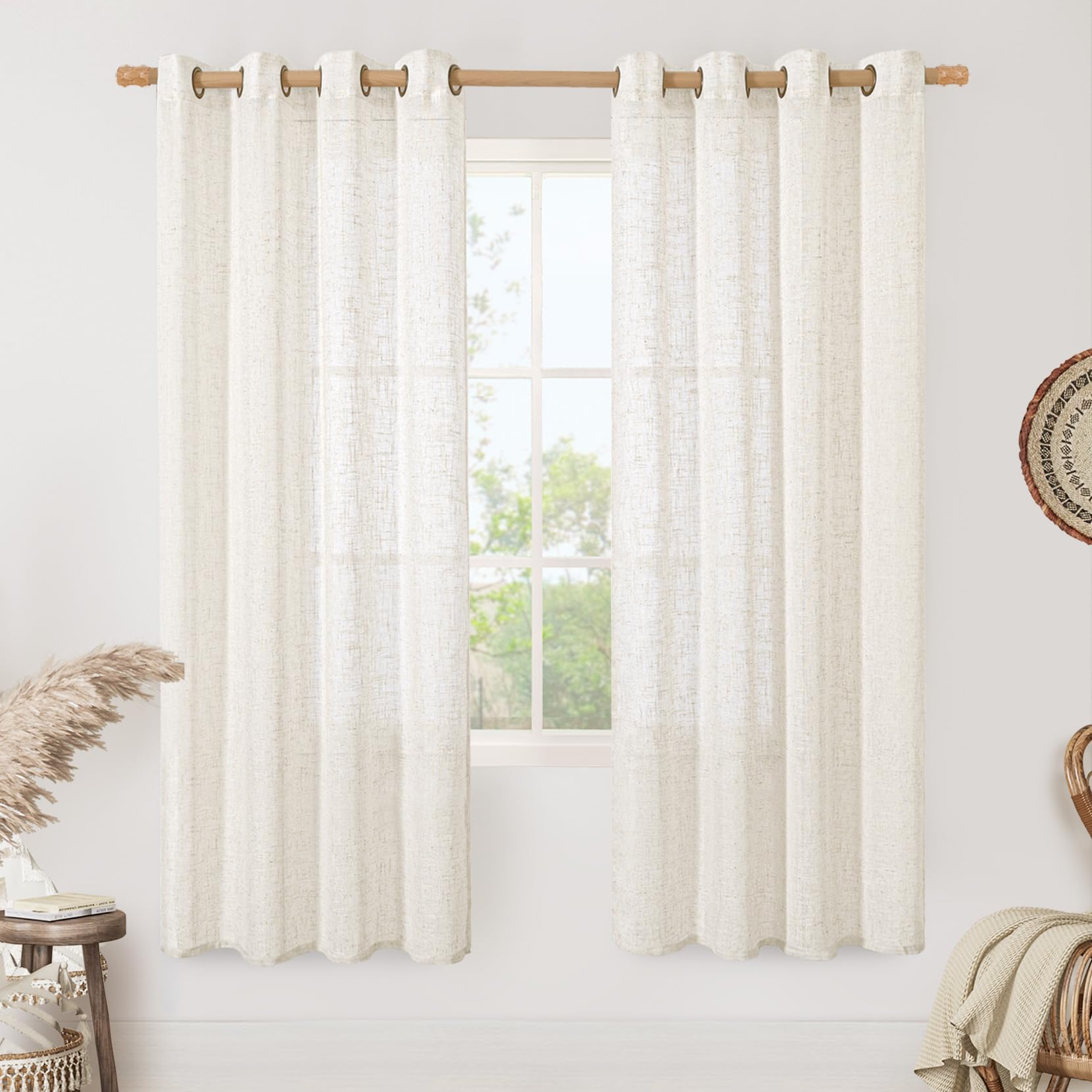 LAMIT Natural Ivory Linen Semi Sheer Curtains 84 inch Length, Cream Light Filtering Soft Thick Neutral Living Room Drapes with Bronze Grommet for Bedroom/Farmhouse, 2 Panels, 52 x 84 Inch